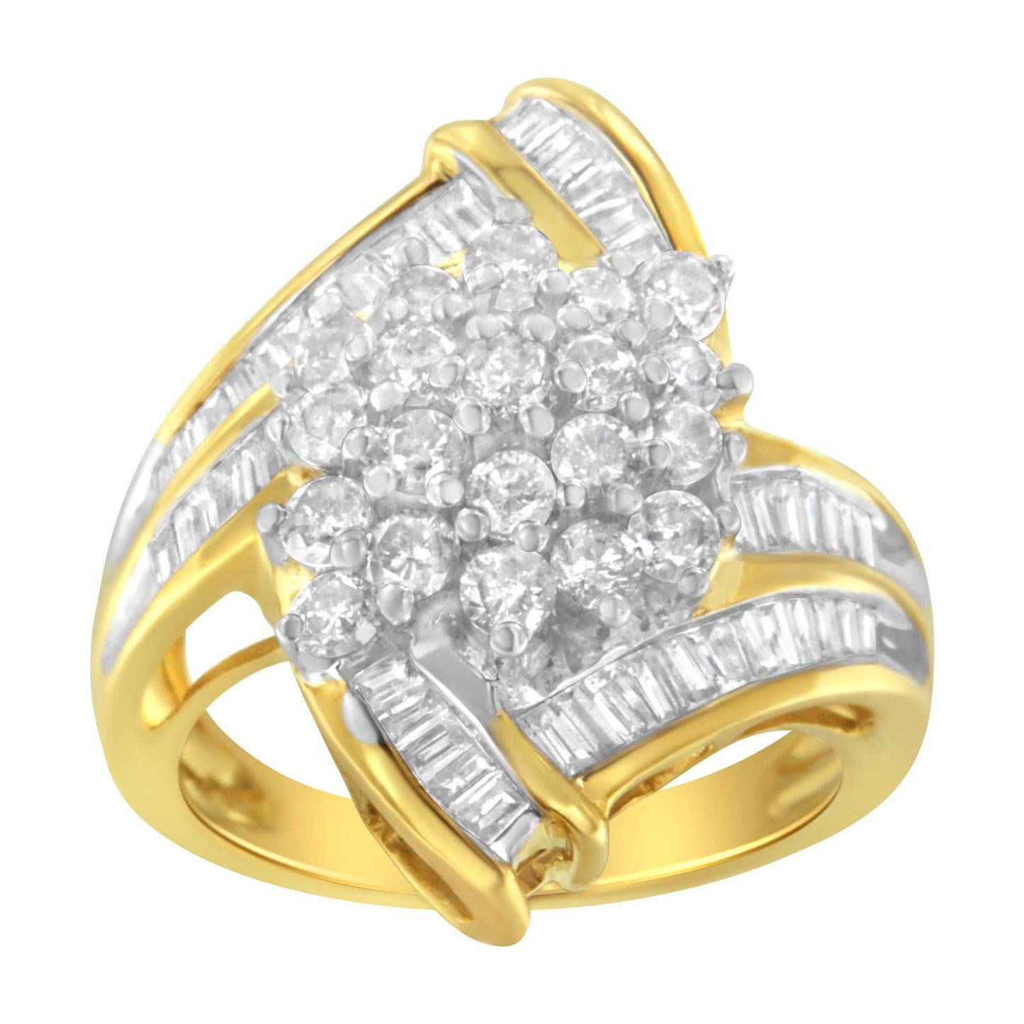 10K Yellow Gold Round and Baguette Diamond Swirl Ring (2.0 Cttw J-K Color I2