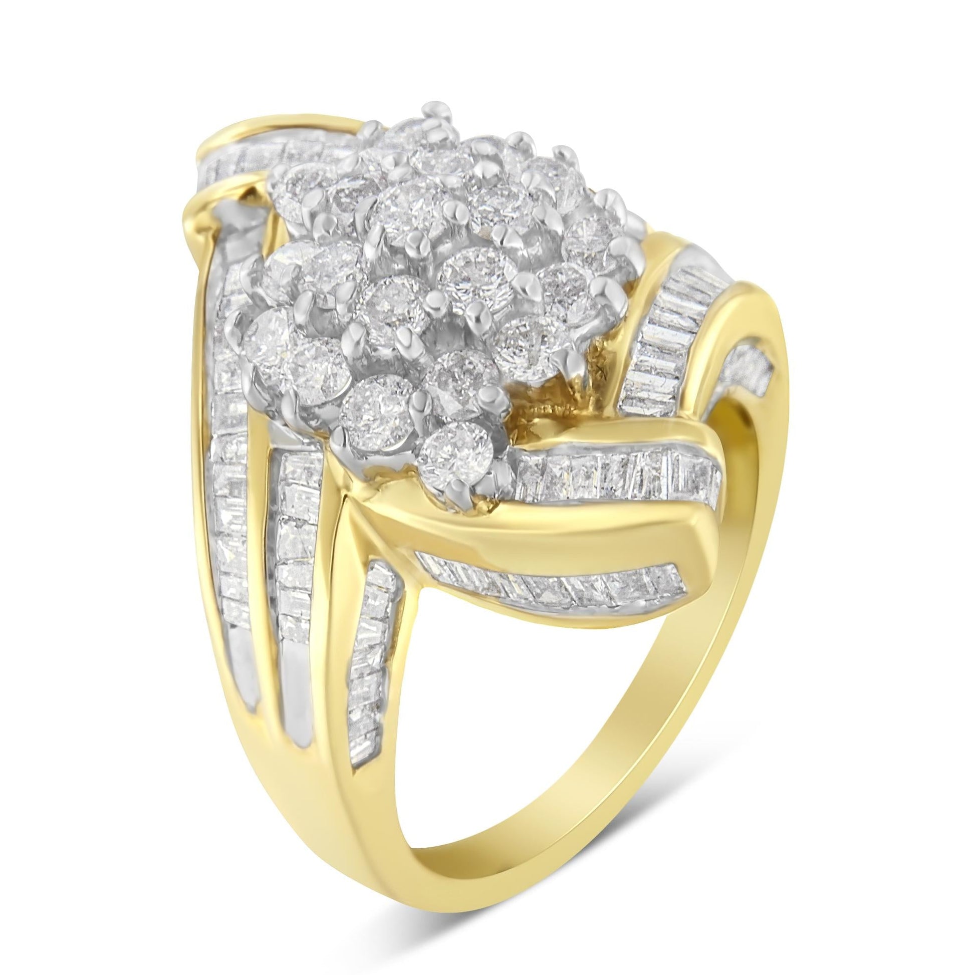 10K Yellow Gold Round and Baguette Diamond Crossover Cluster Ring (3 Cttw I-J