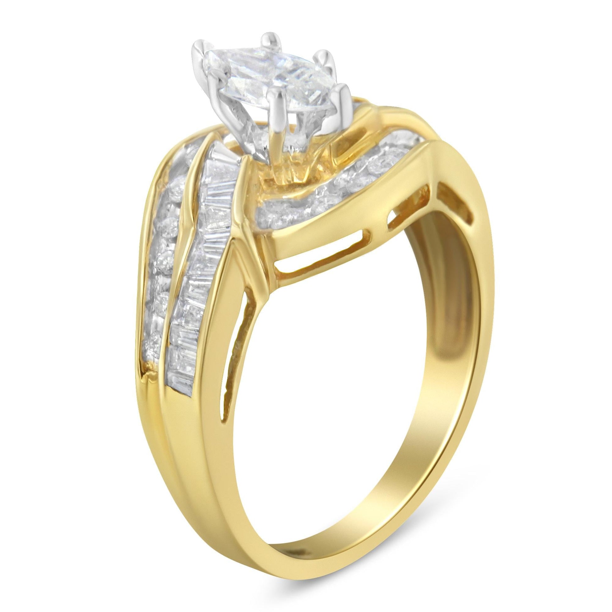 14KT Two-Toned Gold Marquise Baguette and Round Cut Diamond Bypass Ring (1 cttw