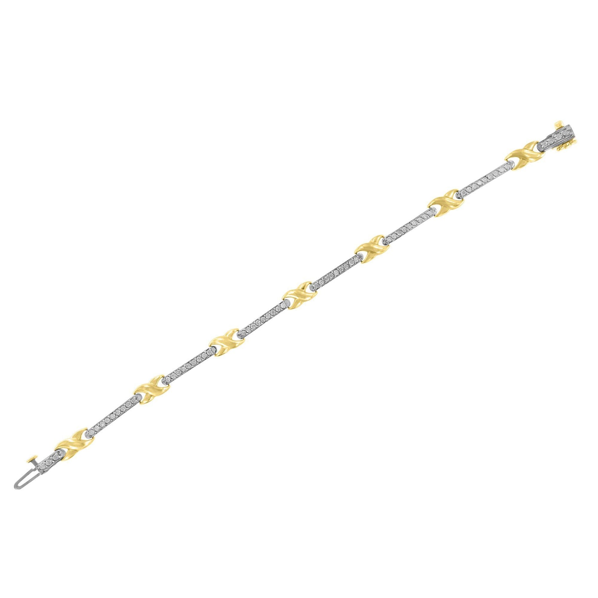 10K Yellow Gold 1.00 Cttw Pave Set Diamond Bar and X-Link 7’’ Bracelet (I-J