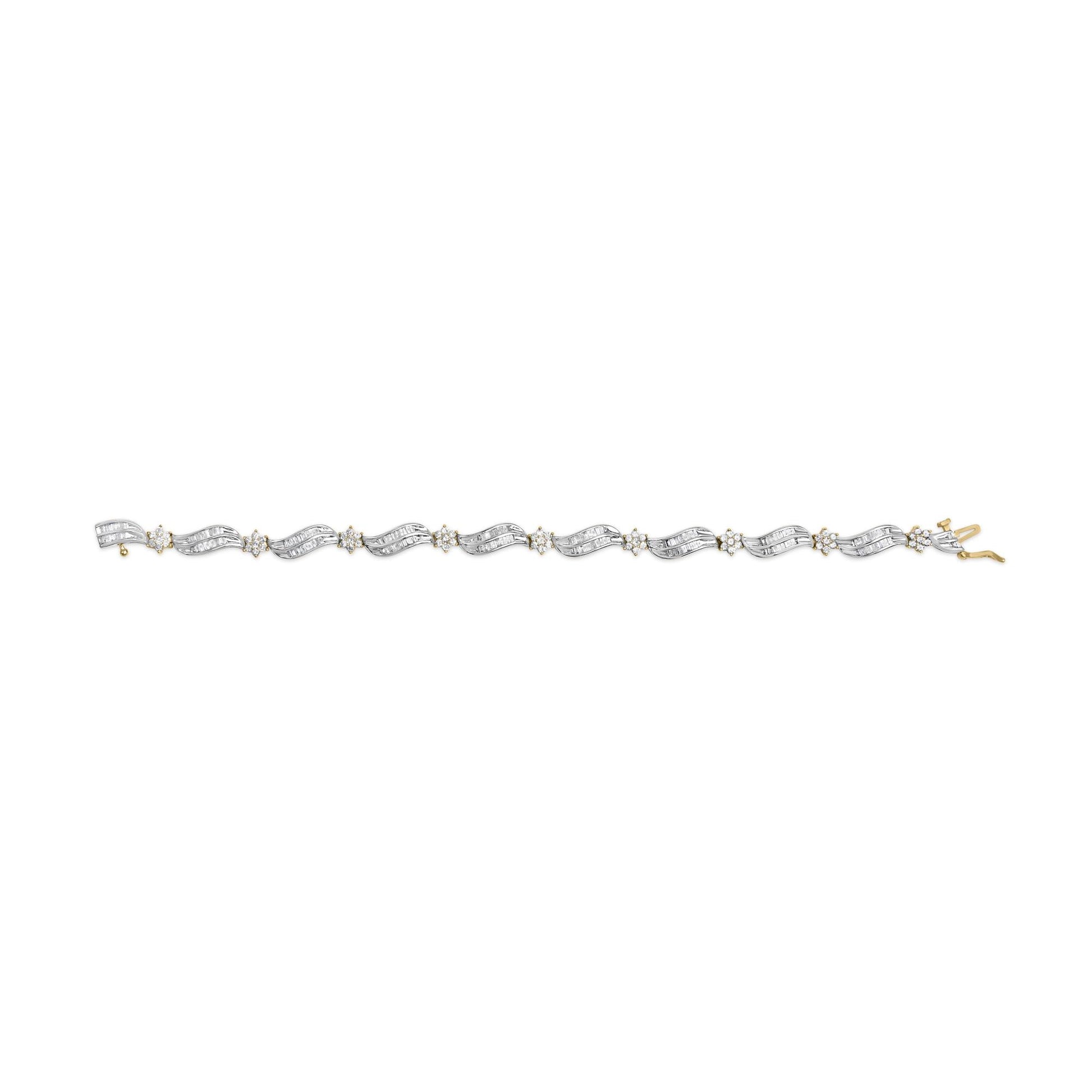 10K Yellow and White Gold 3.00 Cttw Diamond Cluster and Wave Link Bracelet (I-J