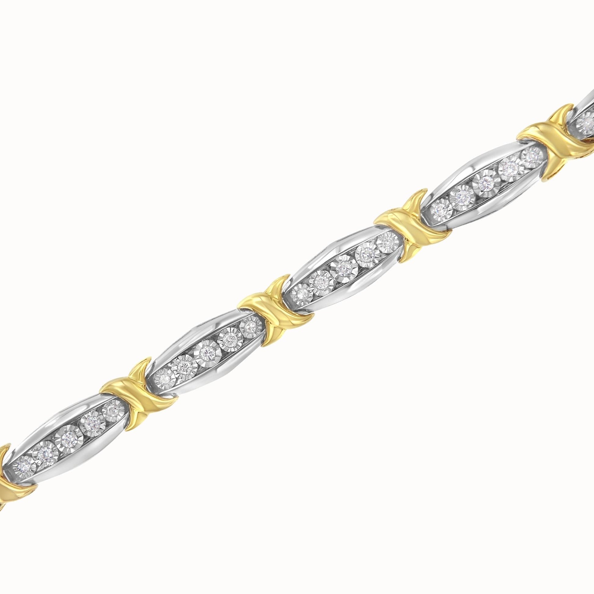 10K Yellow Gold Plated.925 Sterling Silver Two Tone 3/4 CttwDiamond X & O Link