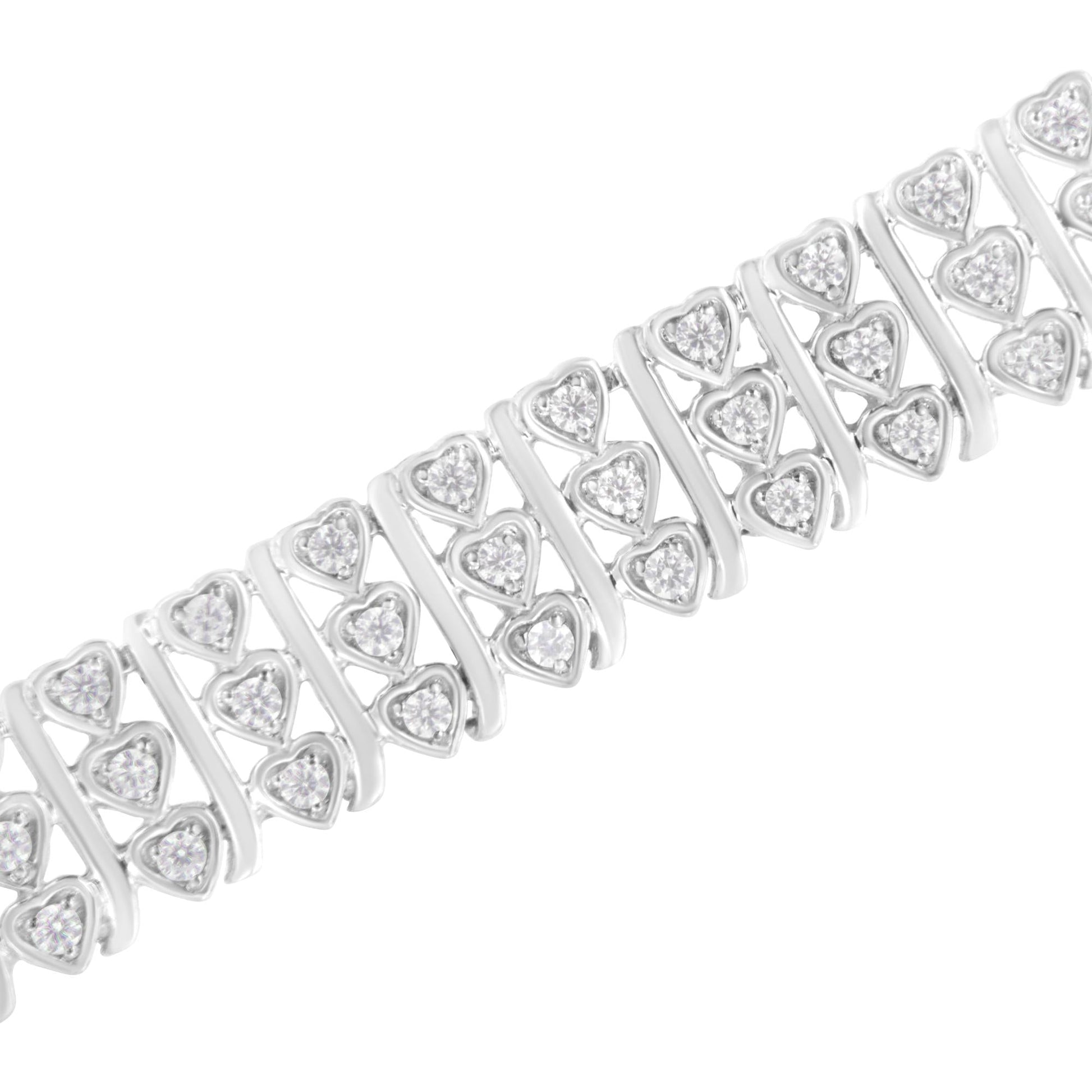 .925 Sterling Silver 1 1/2 cttw Round Diamond 3 Row Heart Link Bracelet (I-J