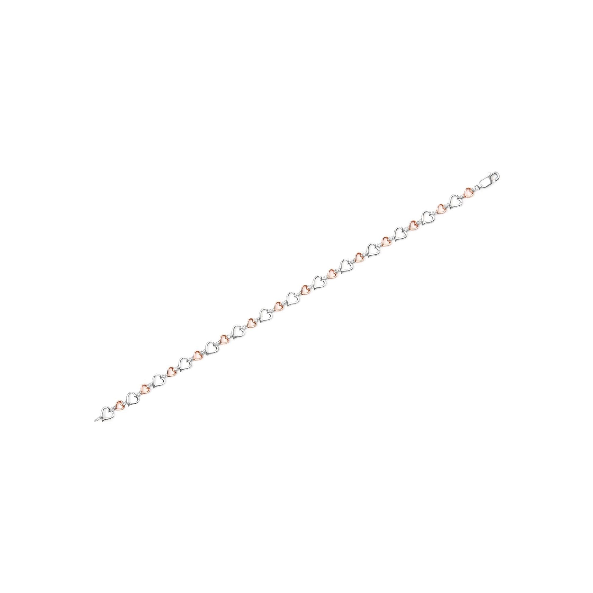 14K Rose Gold Plated.925 Sterling Silver 1/4 Cttw Diamond Heart Link Bracelet