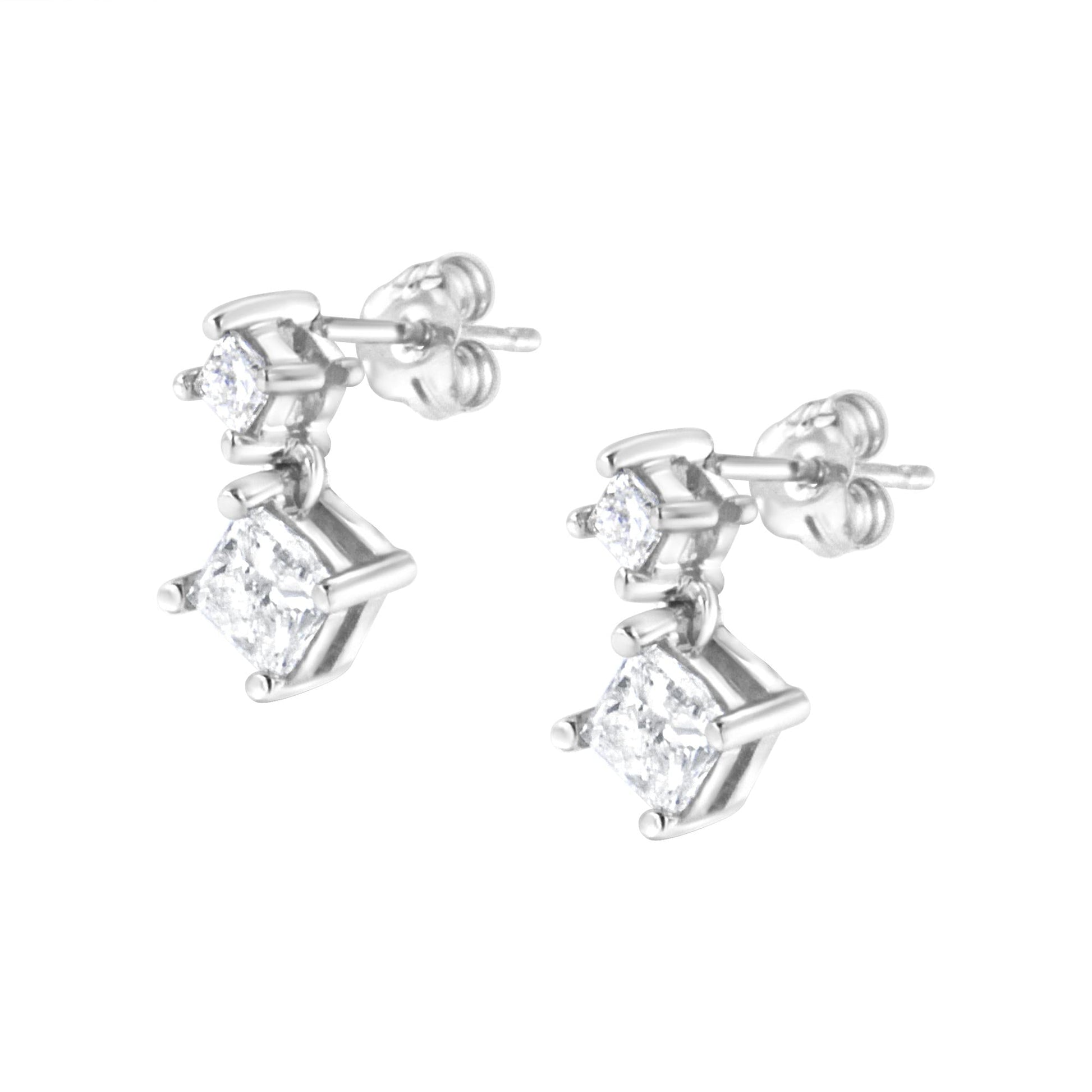 14K White Gold 1.0 Cttw Princess-Cut Double Diamond Drop Stud Earrings