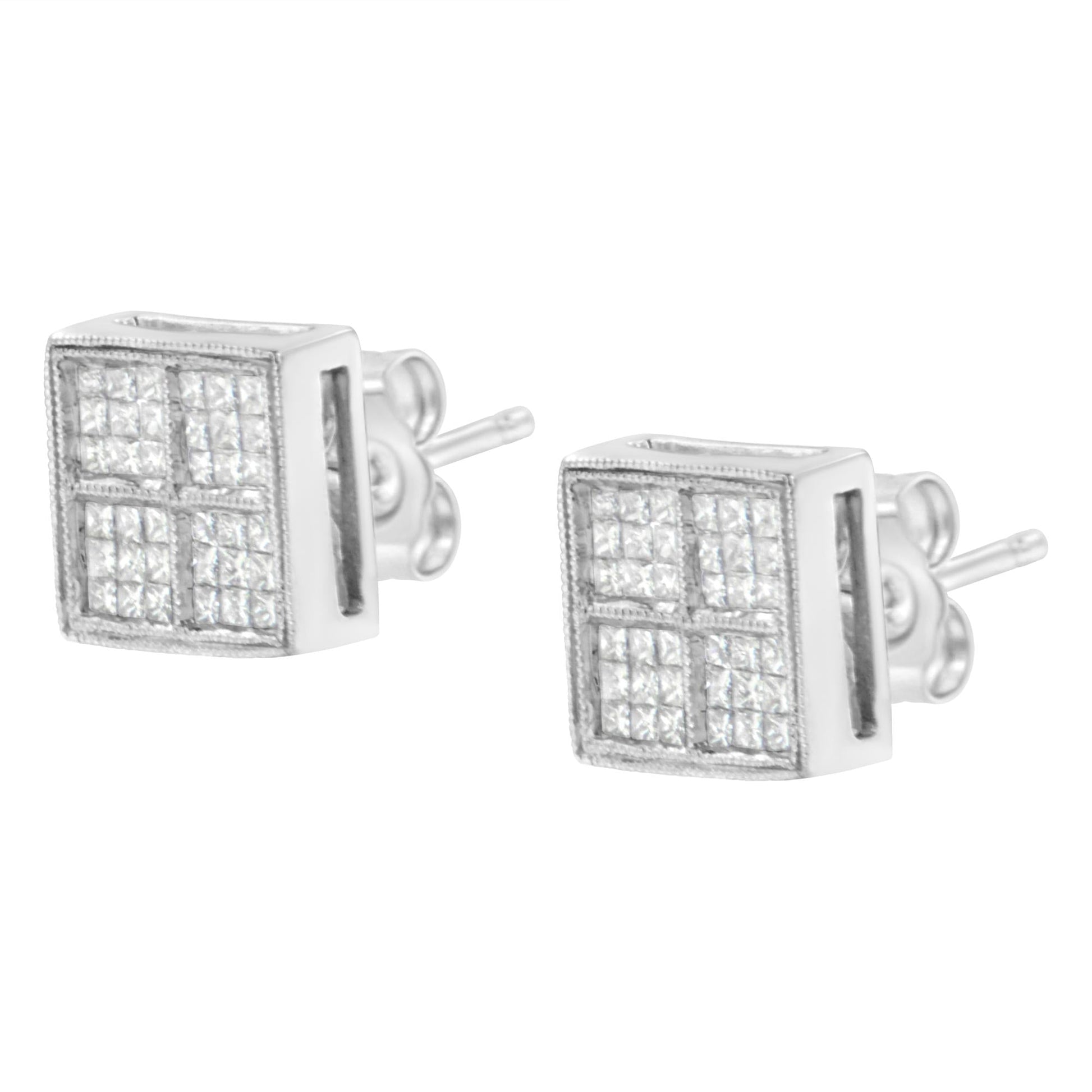 14K White Gold 1/2 Cttw Princess Diamond Composite Box Shape Milgrain Stud