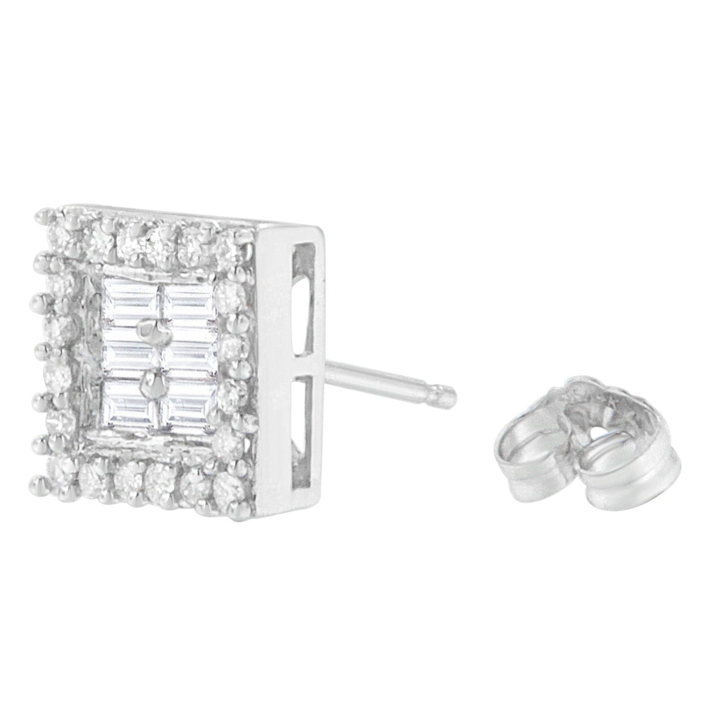 14K White Gold 1 cttw Round and Baguette Diamond Stud Earrings (H-I SI1-SI2)