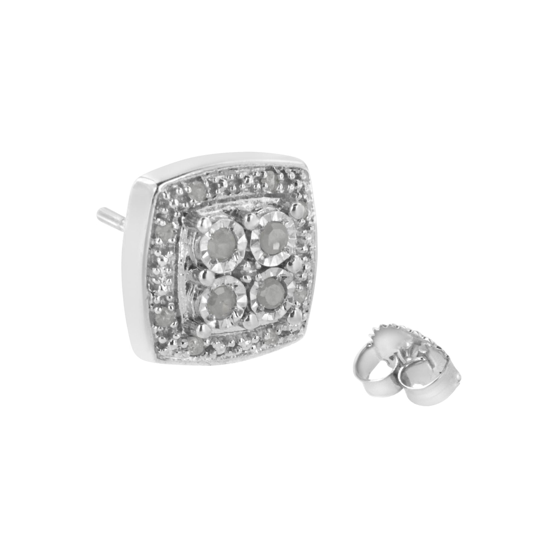 .925 Sterling Silver 1/4 cttw Round Cut Diamond Square Shape Milgrain Stud