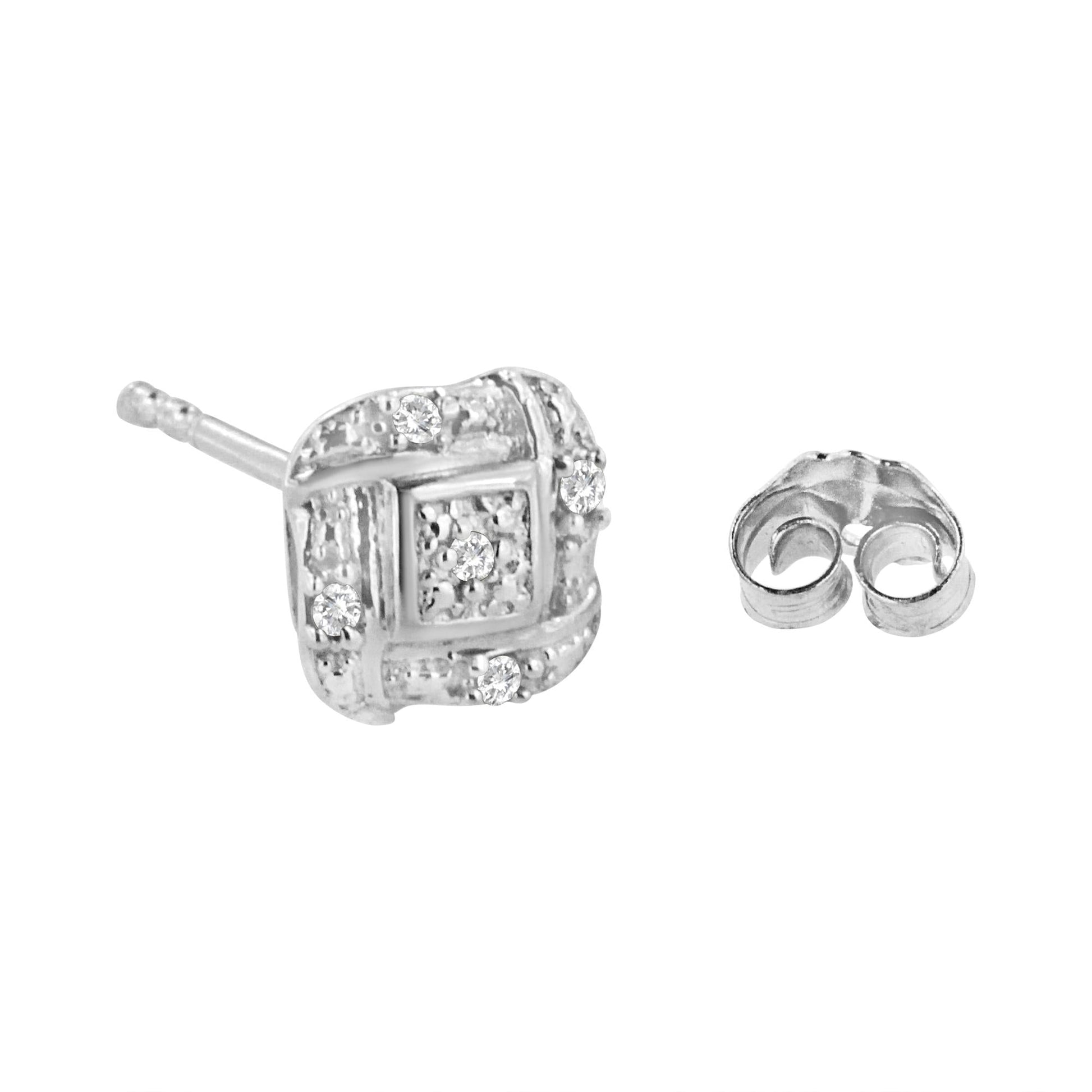 Sterling Silver Round Cut Diamond Square Stud Earrings (0.04 cttw H-I Color