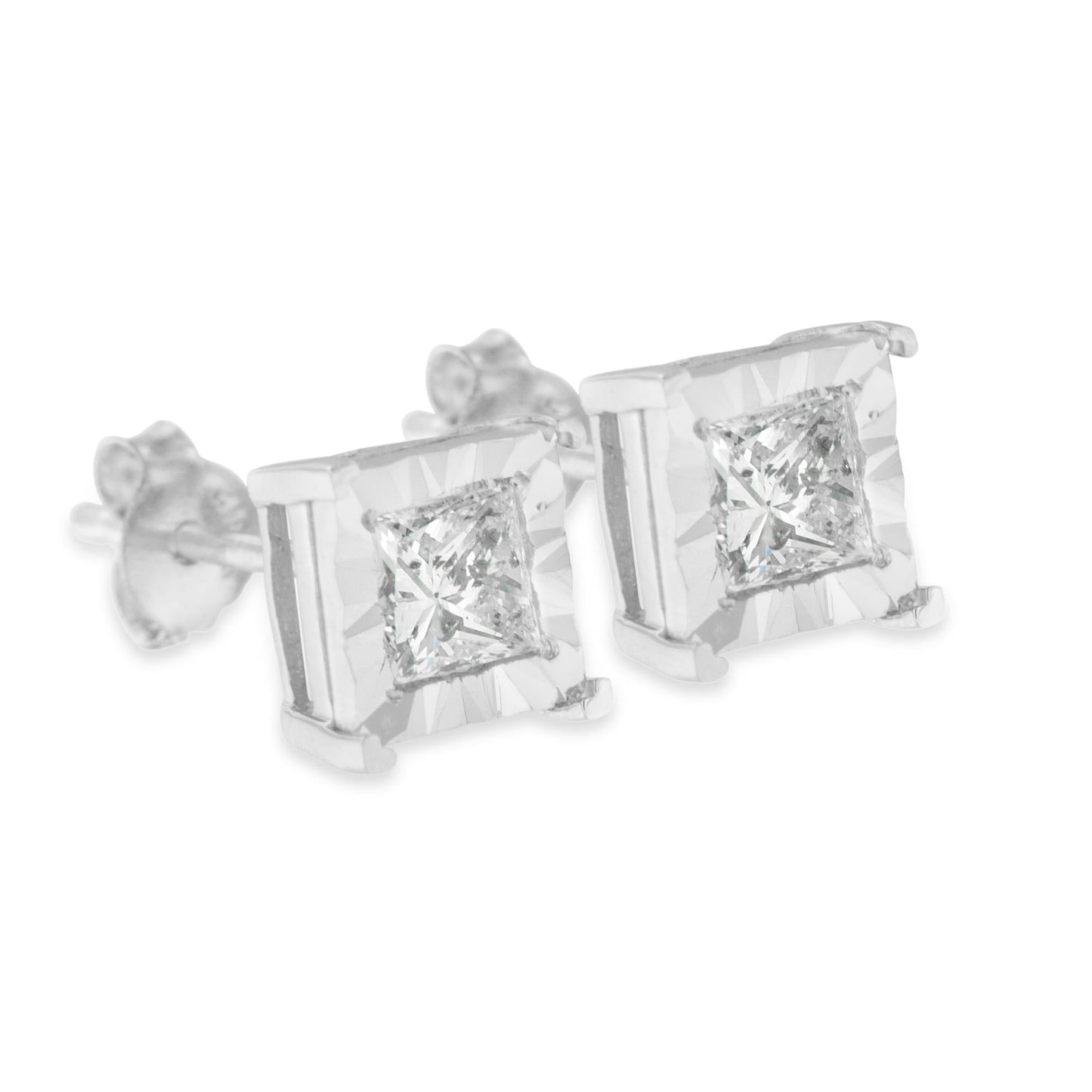 .925 Sterling Silver Miracle Set Princess-cut Diamond Solitaire Stud Earrings