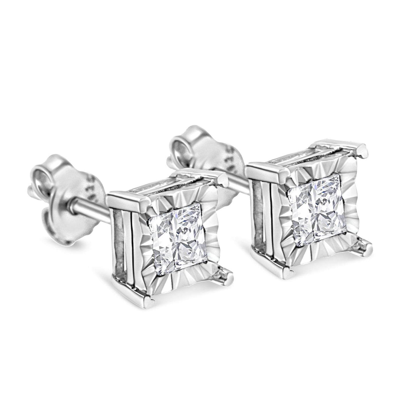 .925 Sterling Silver Miracle Set Princess-cut Diamond Solitaire Stud Earrings