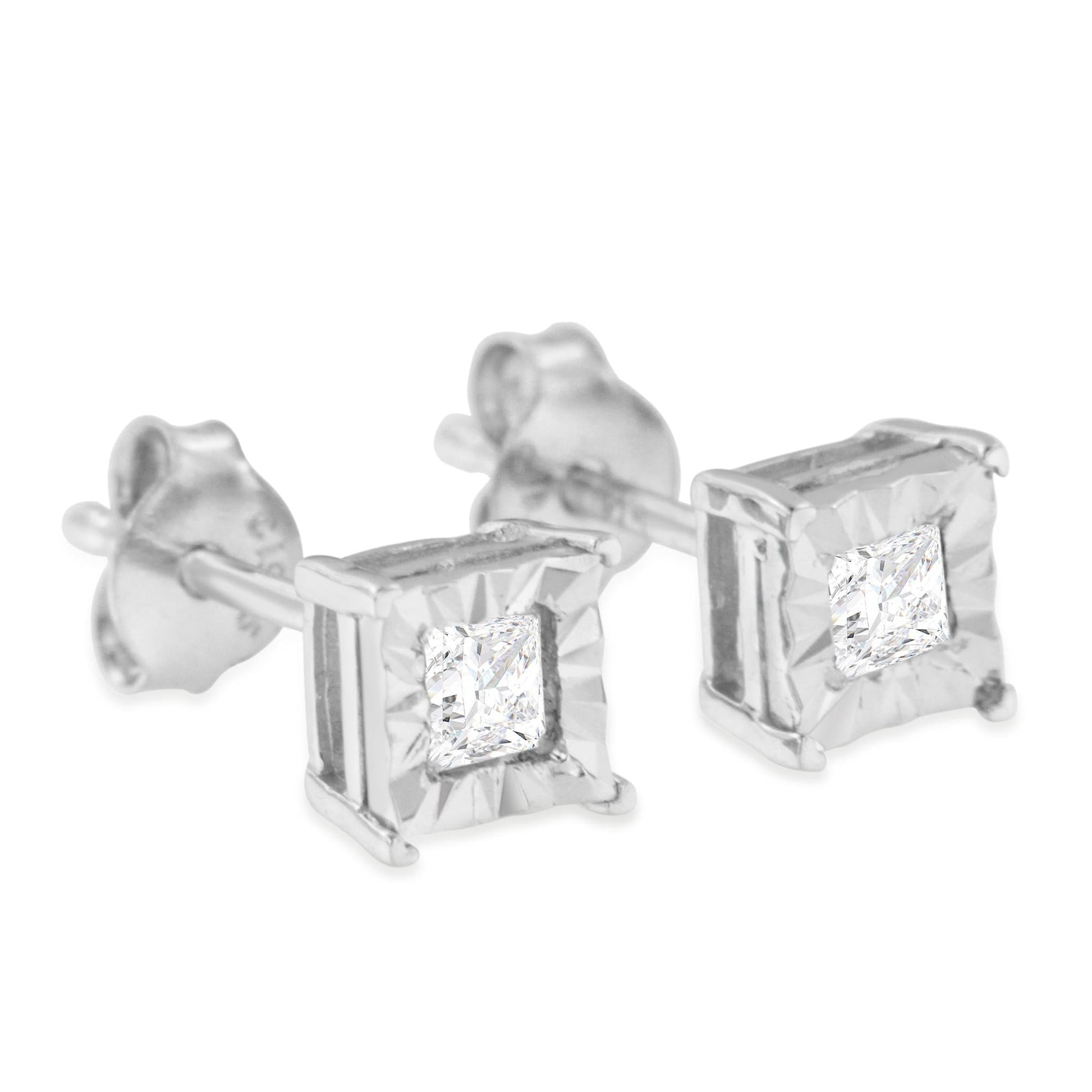 .925 Sterling Silver Miracle Set Princess-Cut Diamond Solitaire Stud Earrings