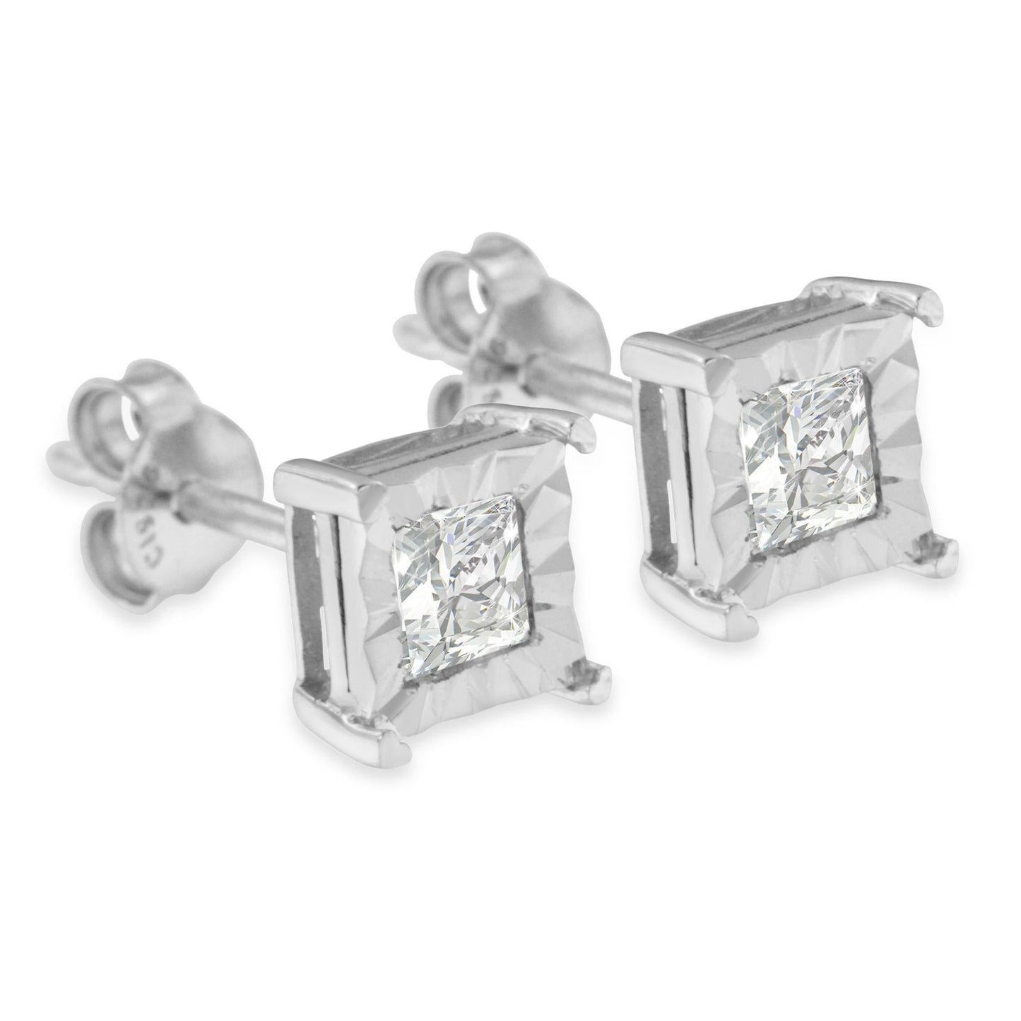 .925 Sterling Silver Miracle Set Princess-cut Diamond Solitaire Stud Earrings