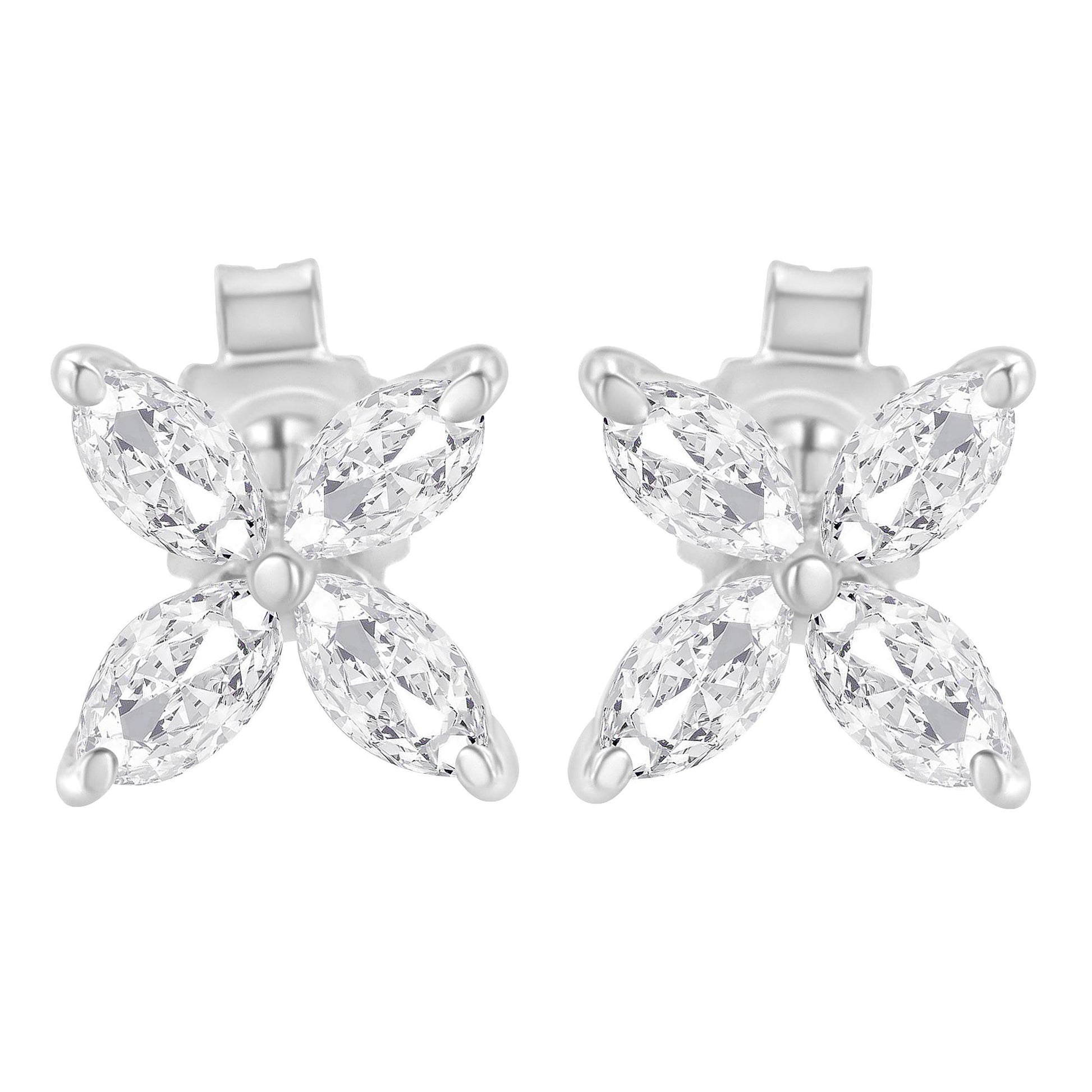 14K Gold Marquise Diamond 8 Stone Floral Leaf Stud Earrings (I-J Color SI2-I1