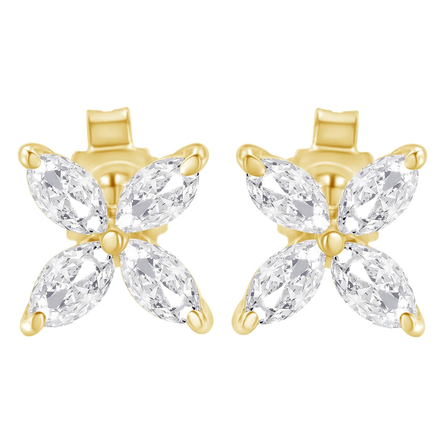 14K Gold Marquise Diamond 8 Stone Floral Leaf Stud Earrings (I-J Color SI2-I1