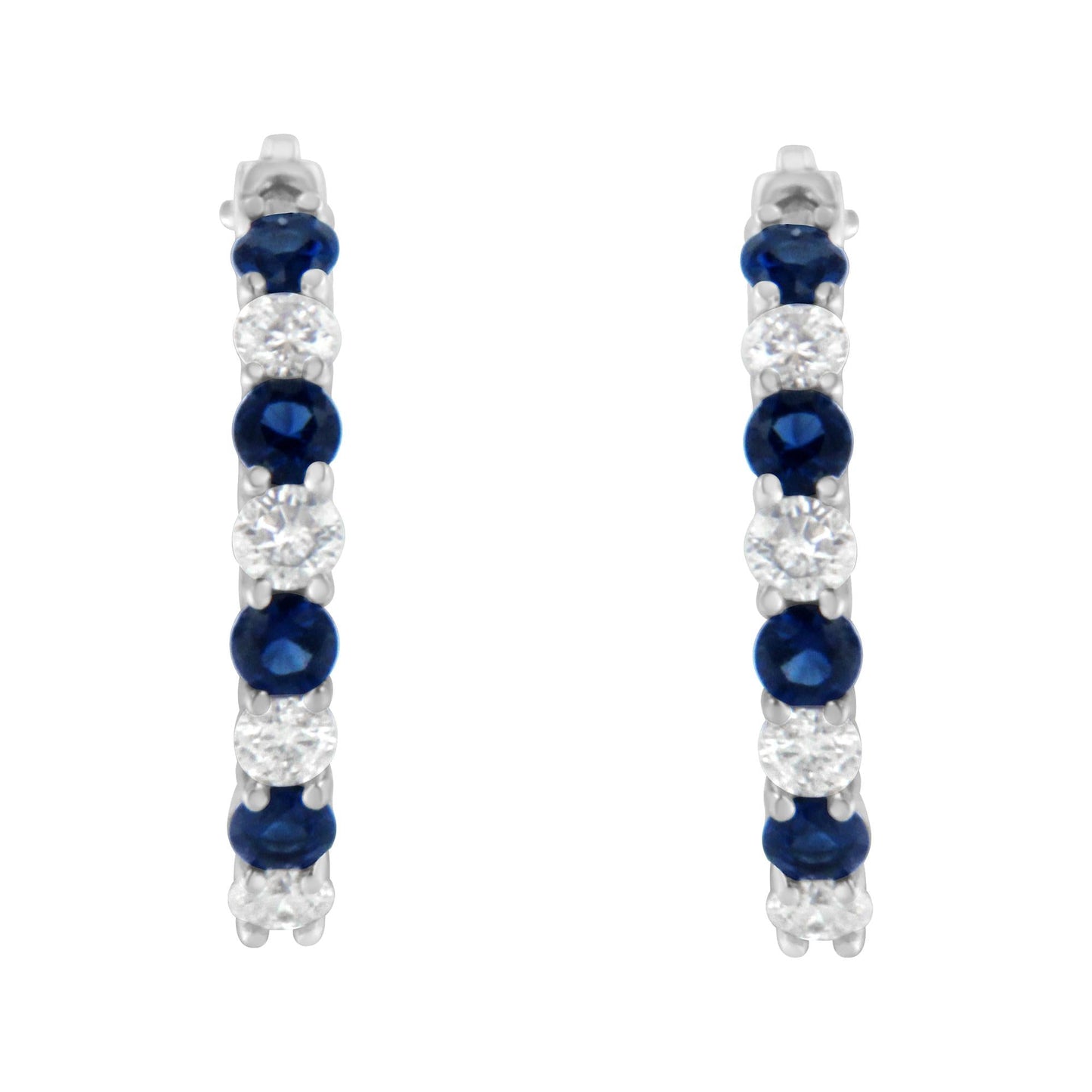 10K White Gold 2.5MM Sapphire Gemstone and 1/2 Cttw Diamond Hoop Earrings (H-I