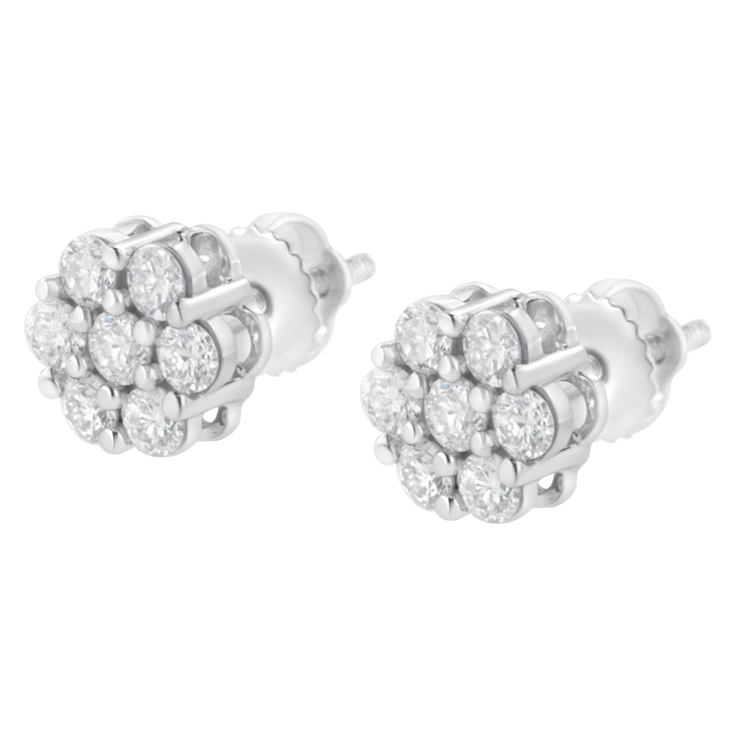 14K White Gold 7 Stone Floral Cluster Round Brilliant Cut Diamond Stud Earrings