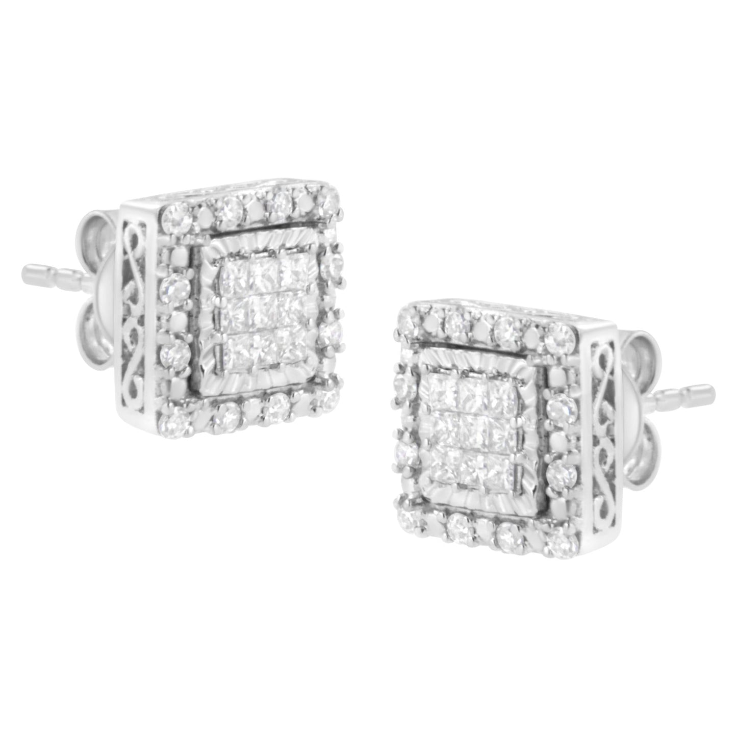 10K White Gold 1/2 cttw Invisible Set Princess-Cut Diamond Square Stud Earring