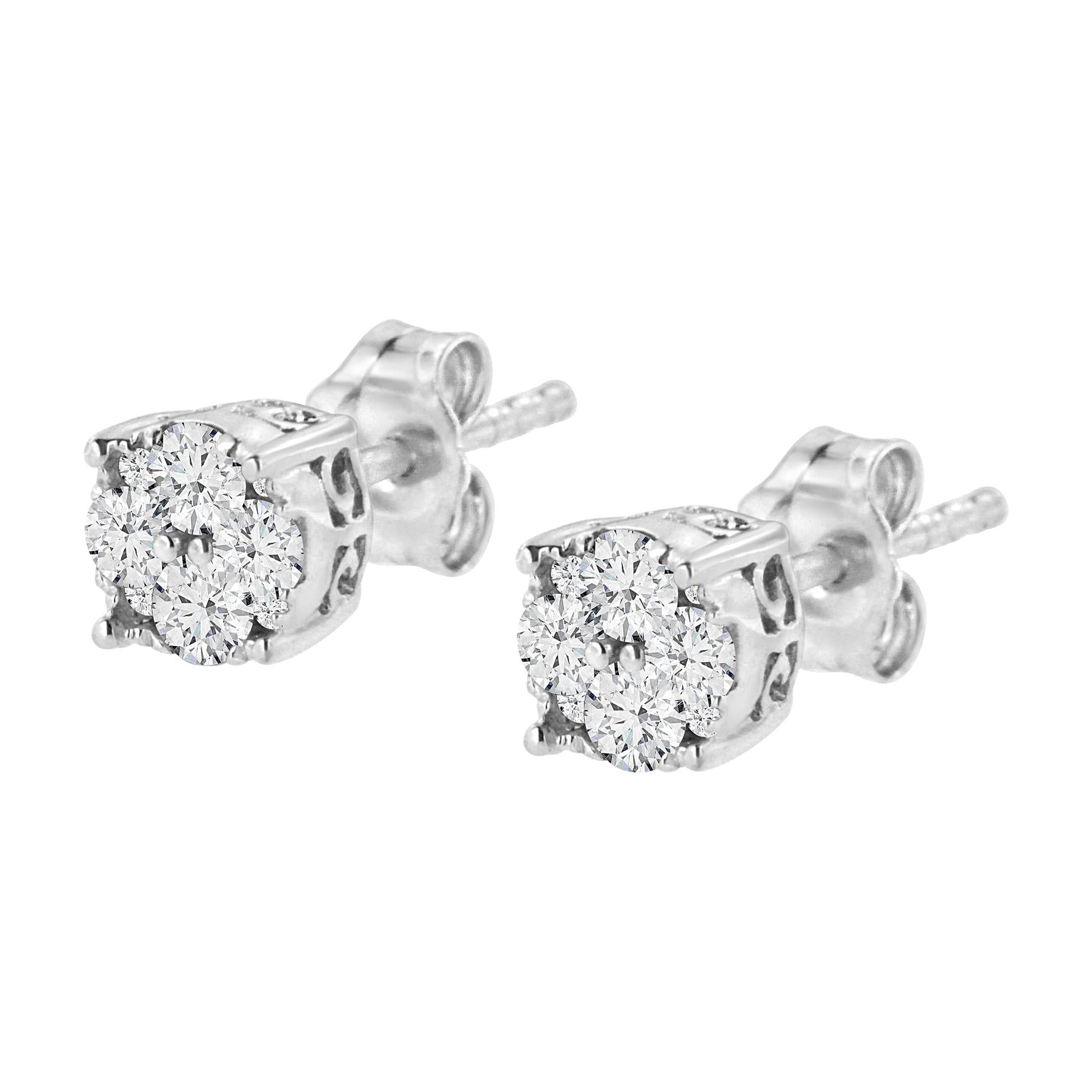 .925 Sterling Silver 1/2 cttw Prong Set Round-Cut Diamond Cluster Stud Earring