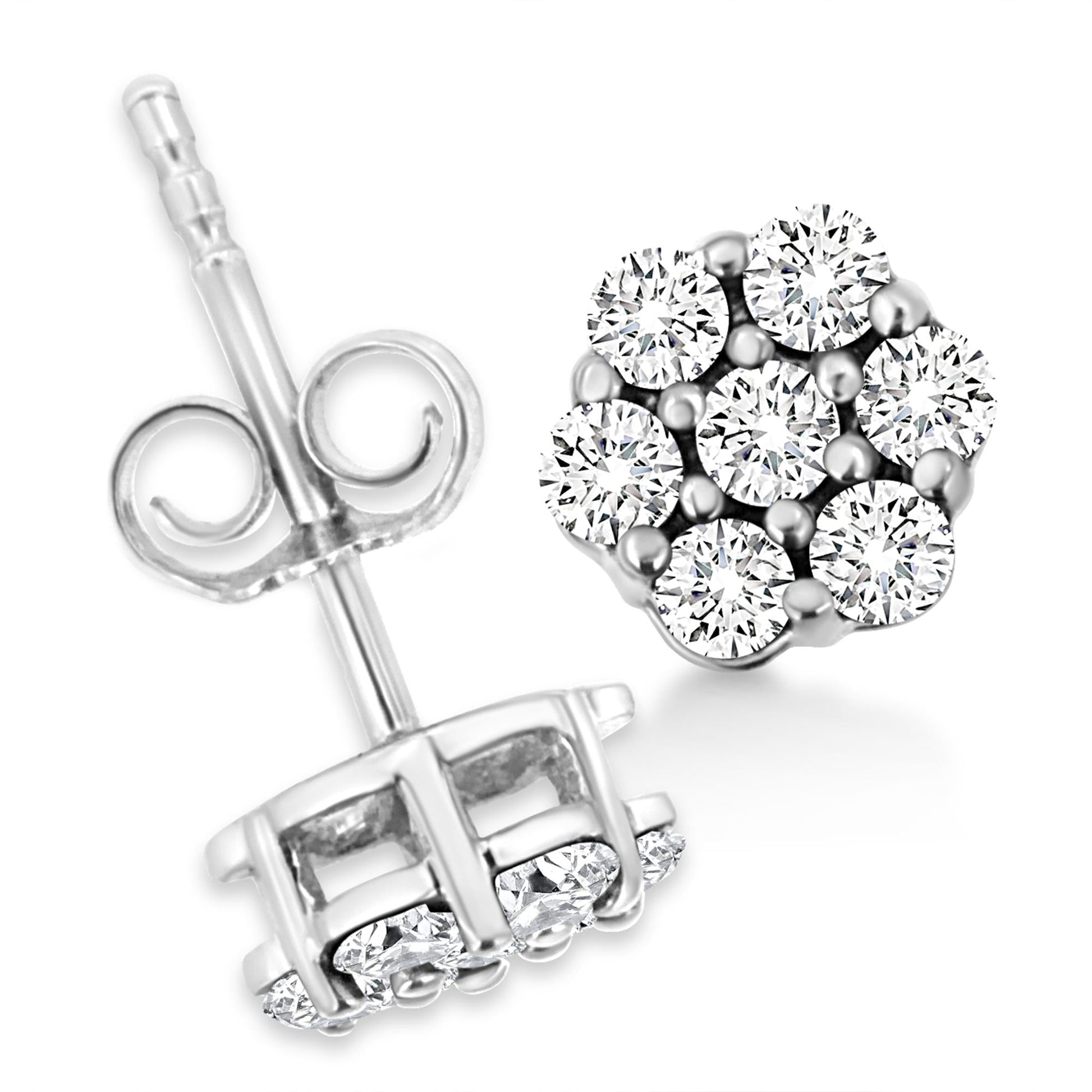 14K White Gold 1/2 Cttw Prong Set Round-Cut Diamond Flower Stud Earring (H-I