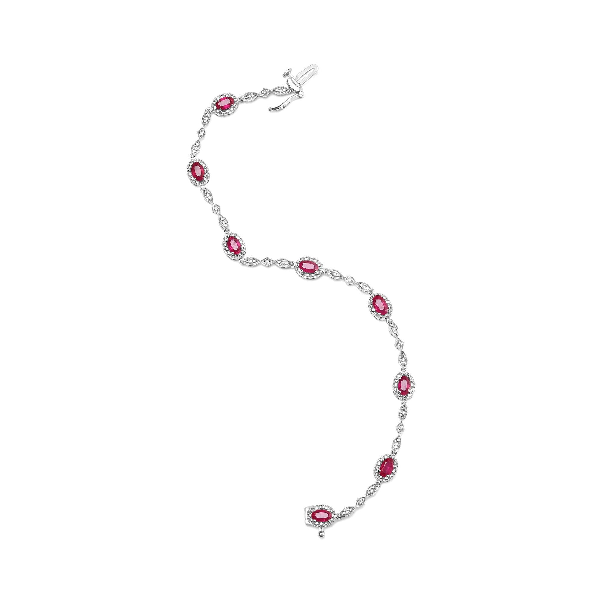 10K White Gold 4.5mm x 3mm Oval Ruby and Diamond Link Bracelet (H-I Color