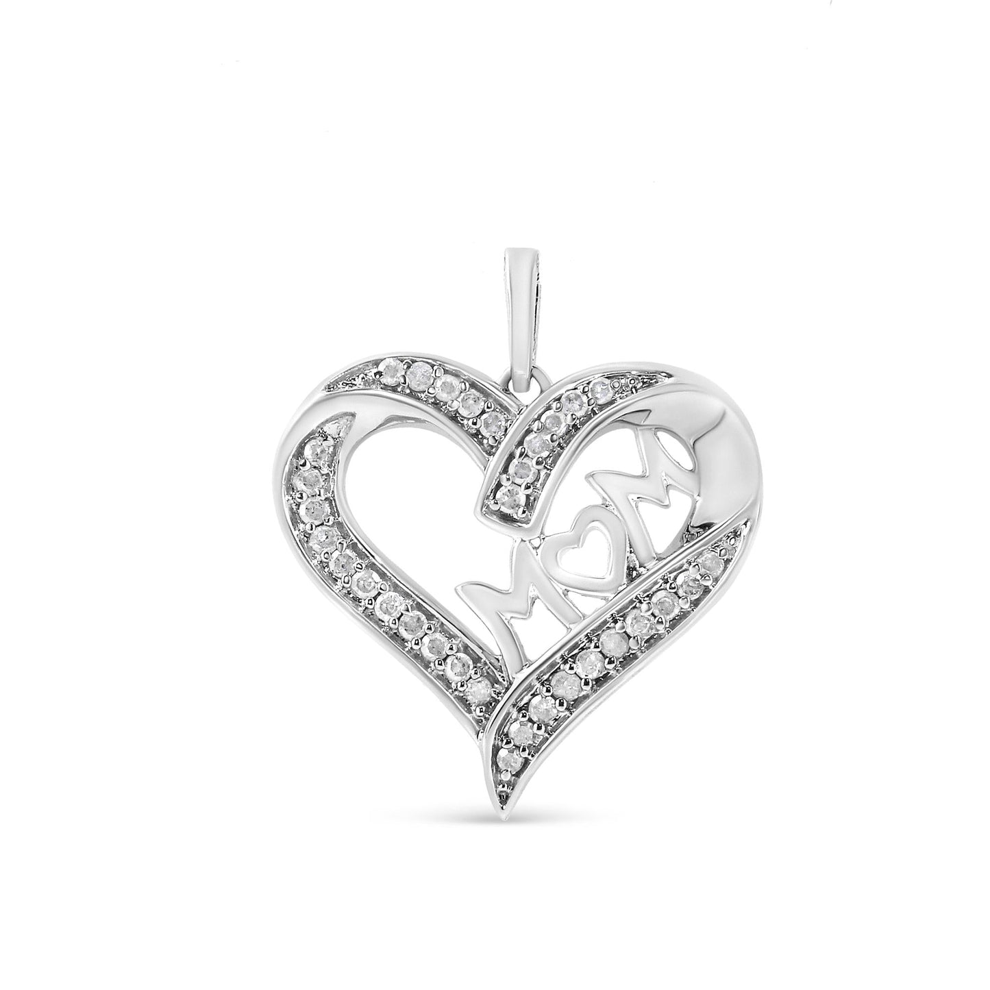 .925 Sterling Silver 1/4 cttw Diamond Engraved ’Mom’ in Heart Pendant