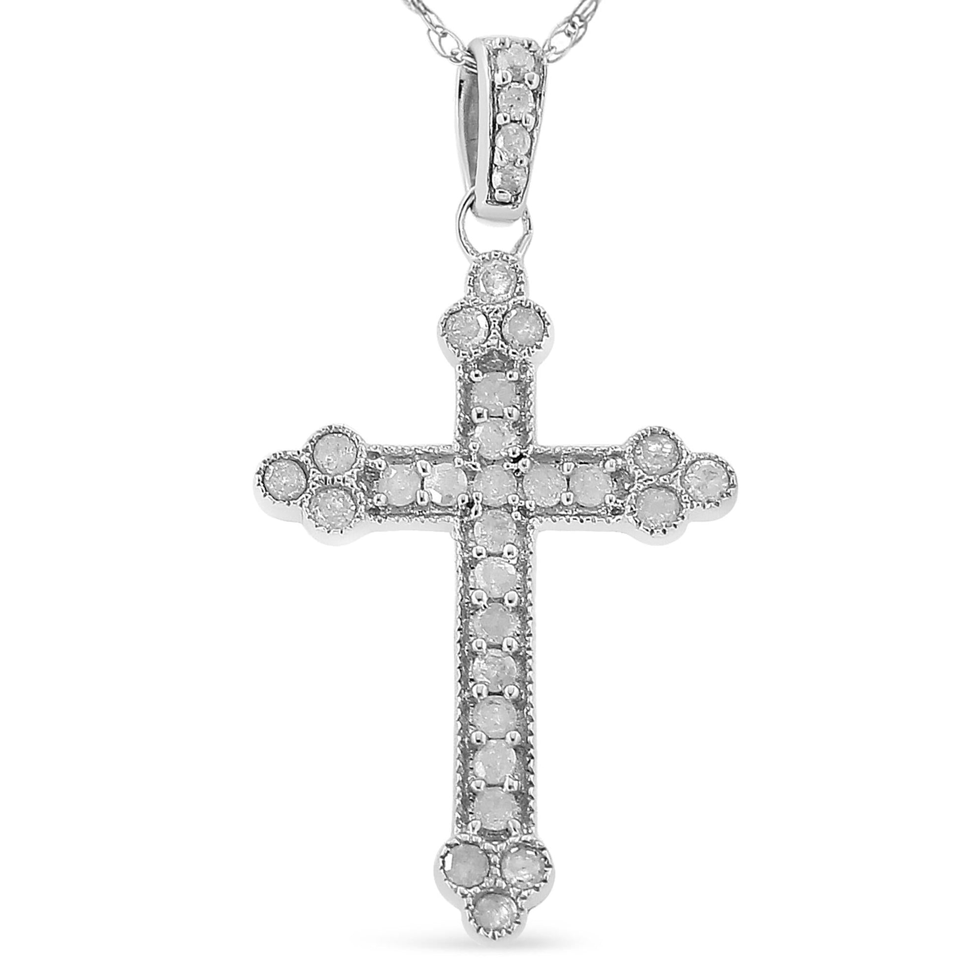 .925 Sterling Silver 1/4 Cttw Prong Set Round-Cut Diamond Cross 18’’