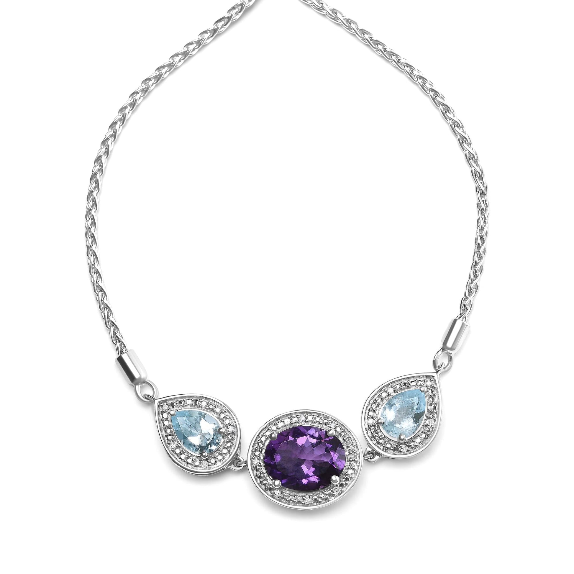 .925 Sterling Silver Oval Amethyst and Pear Blue Topaz with Diamond Accent