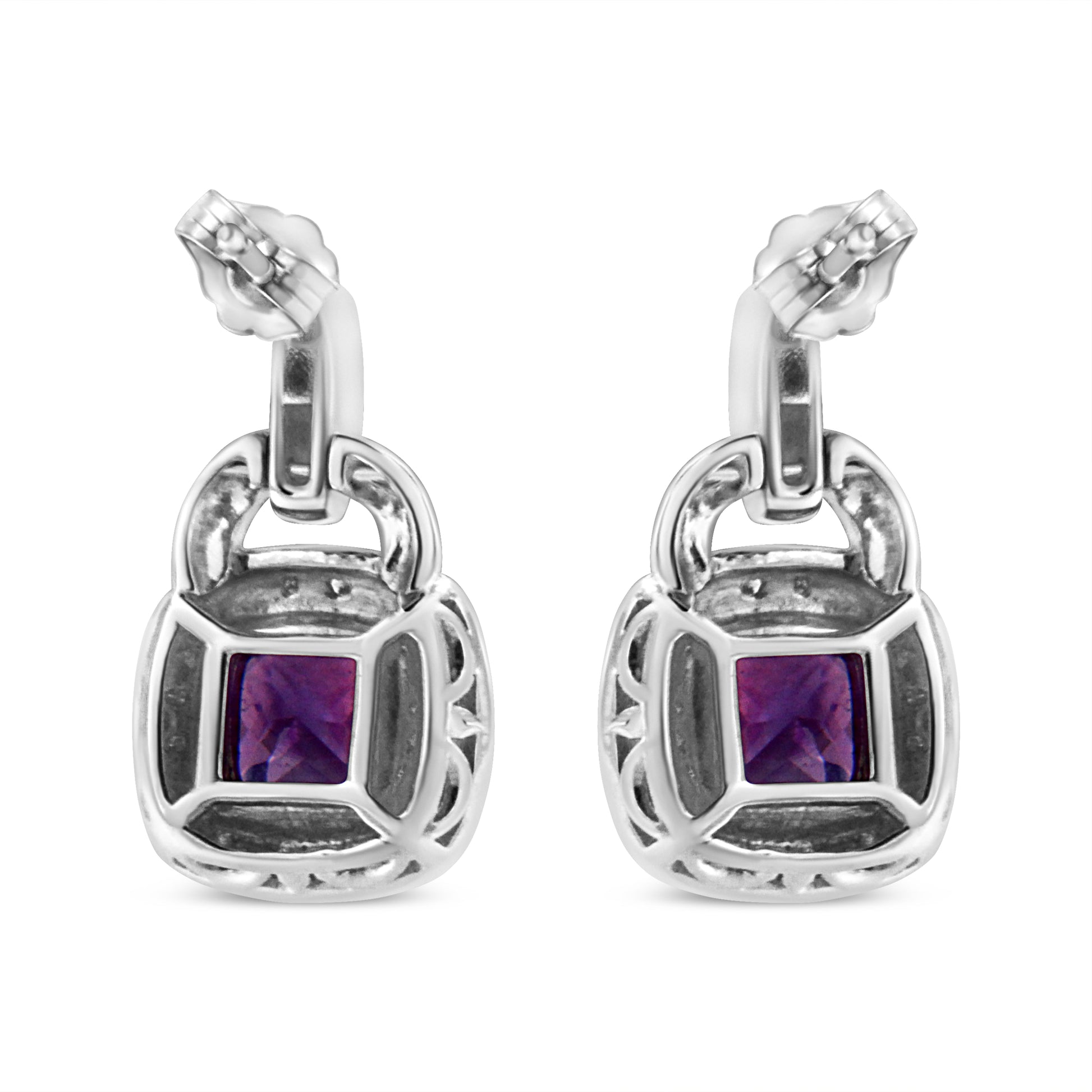 .925 Sterling Silver 8MM Natural Cushion Shaped Amethyst and Diamond Accent