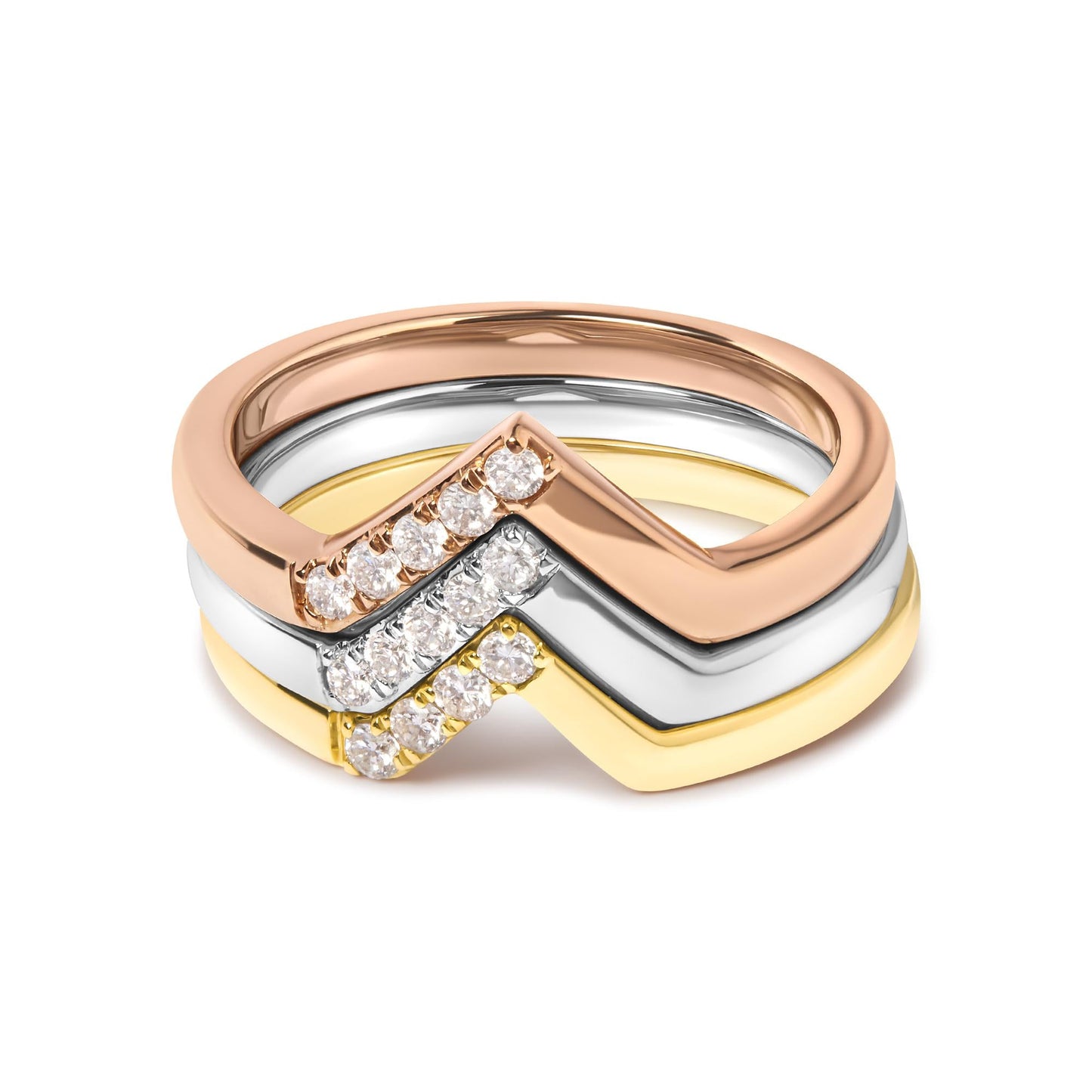 14K Gold 1/4 Cttw Diamond Geometrical Chevron V Stackable Band Ring Set (G-H