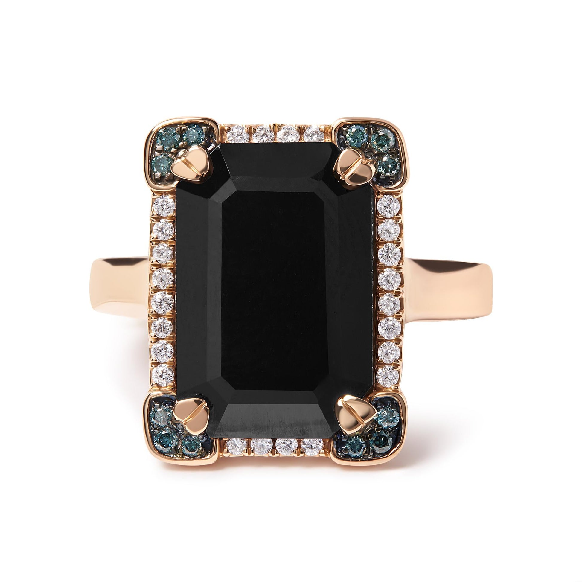 14K Rose Gold 15x10 MM Emerald-Cut Black Onyx and 1/5 Cttw Blue and White