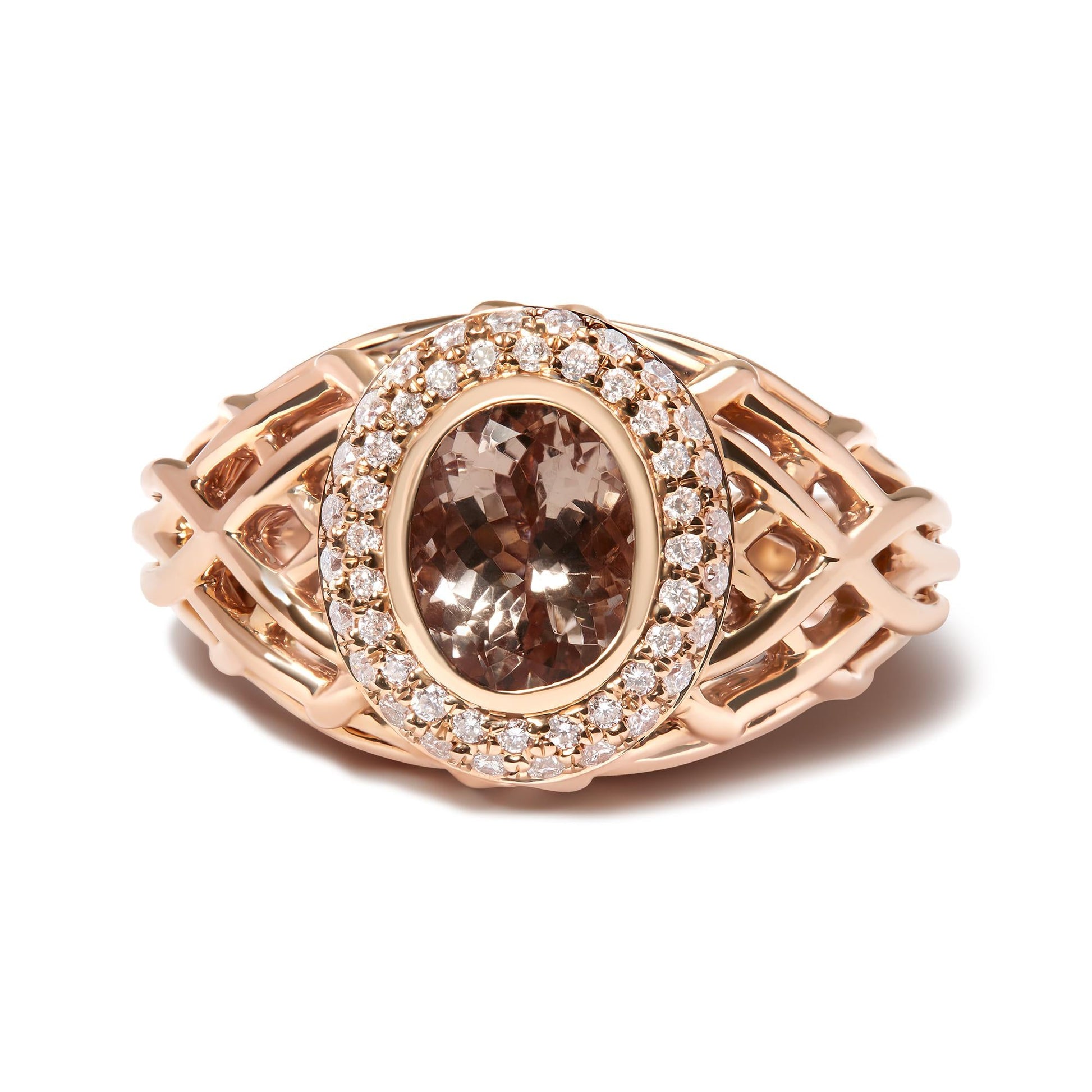 14K Rose Gold Oval Cut Light Pink Morganite and 3/8 Cttw Diamonds Halo