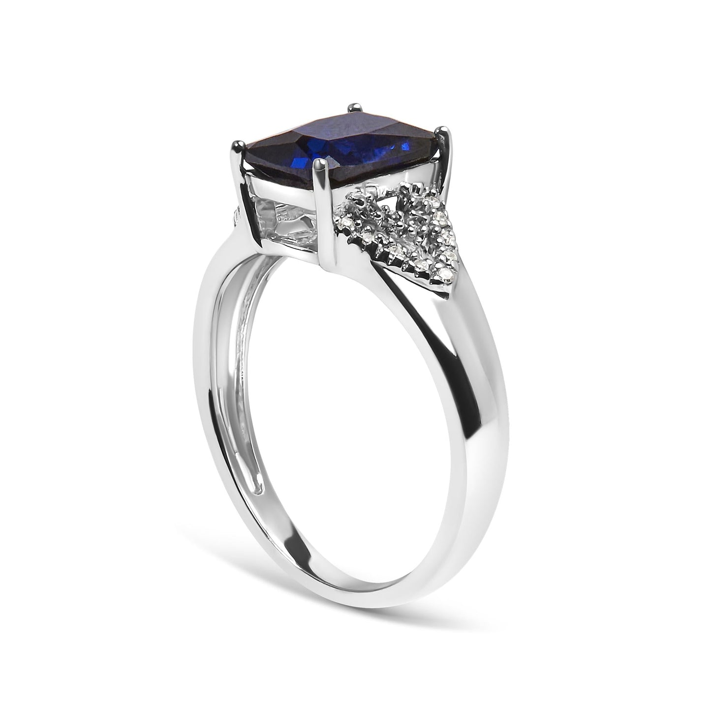 .925 Sterling Silver 9X7 mm Cushion Cut Blue Sapphire and White Diamond Step up