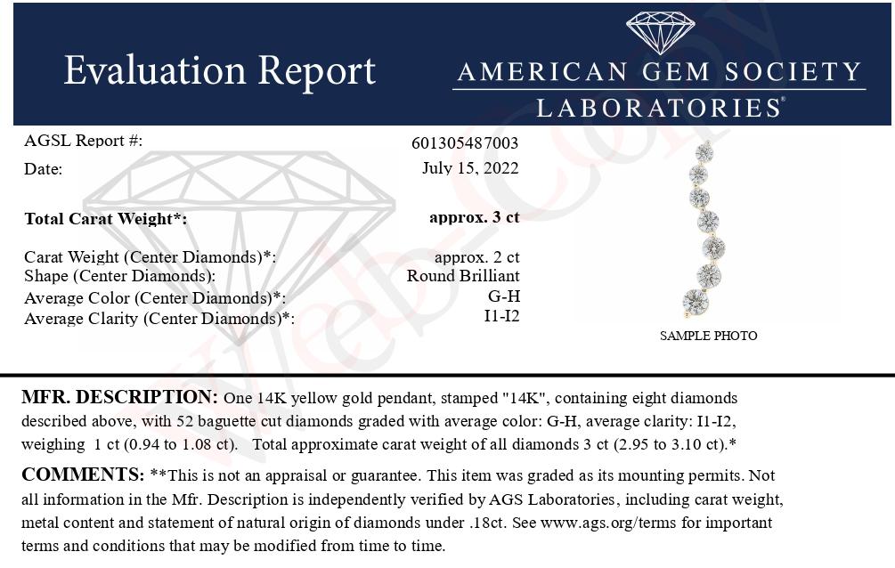 AGS Certified 14k Yellow Gold 3.0 Cttw Baguette and Brilliant Round-Cut Diamond