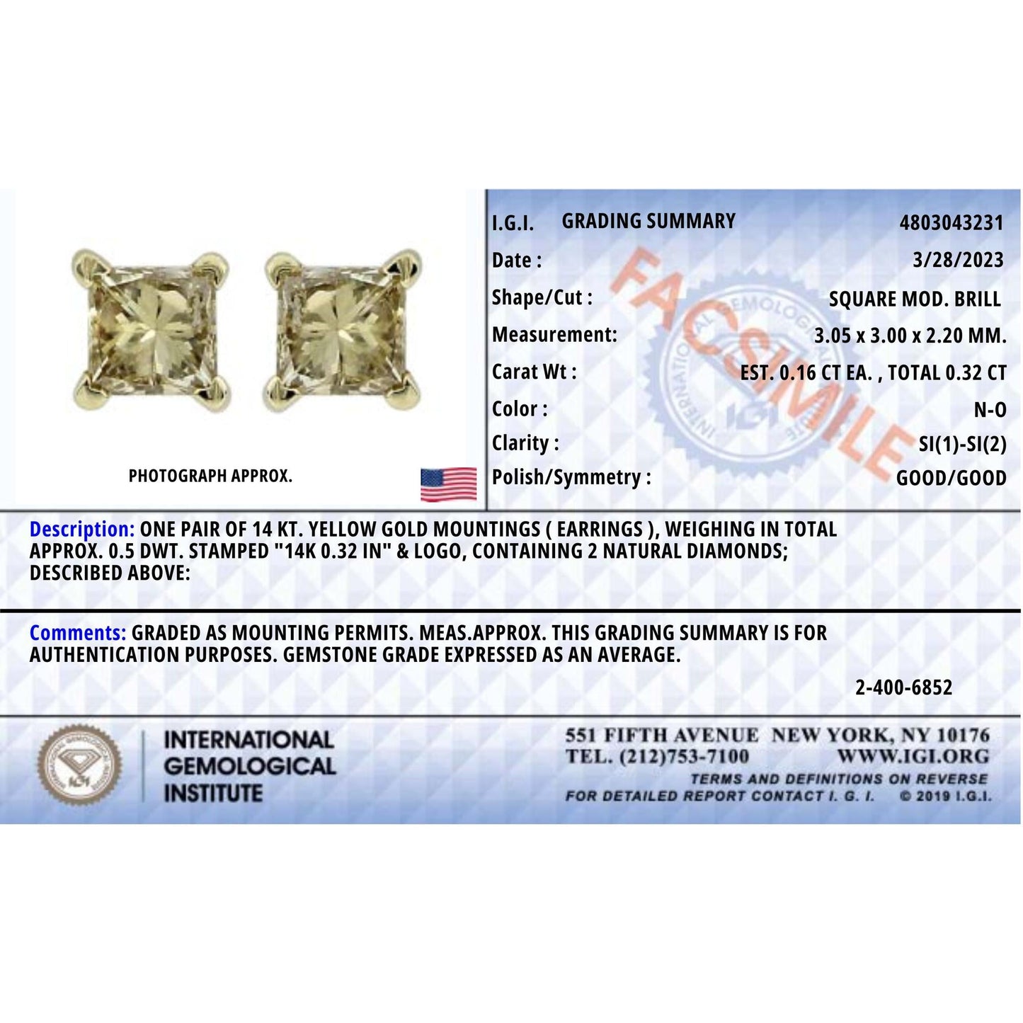 IGI Certified 14k Yellow Gold 1/3 Cttw 4-Prong Set Princess-Cut Solitaire Diamond Push Back Stud Earrings (Q-R Color, I1-I2 Clarity)