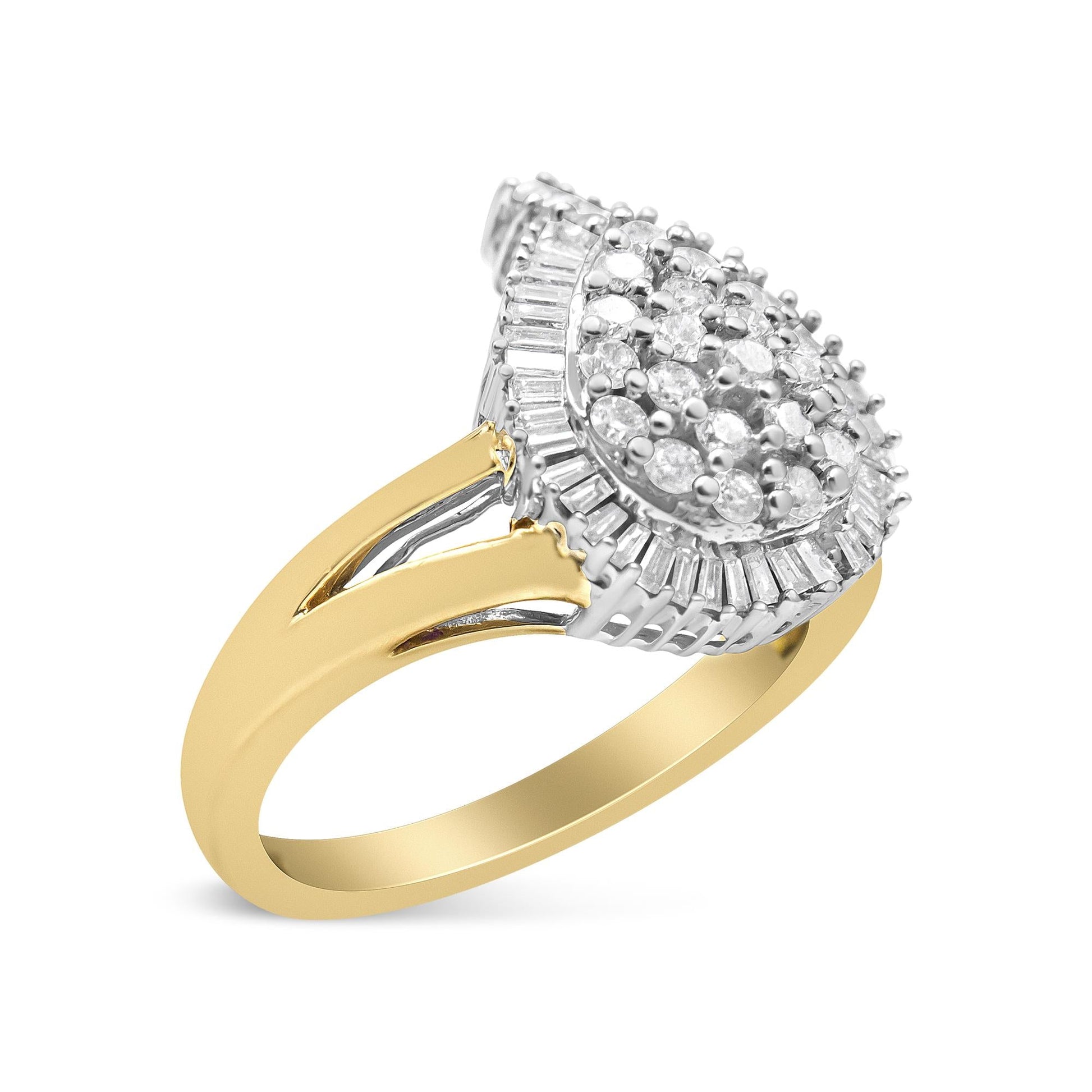 14K Yellow and White Gold 1.00 Cttw Round and Baguette-Cut Diamond Ballerina