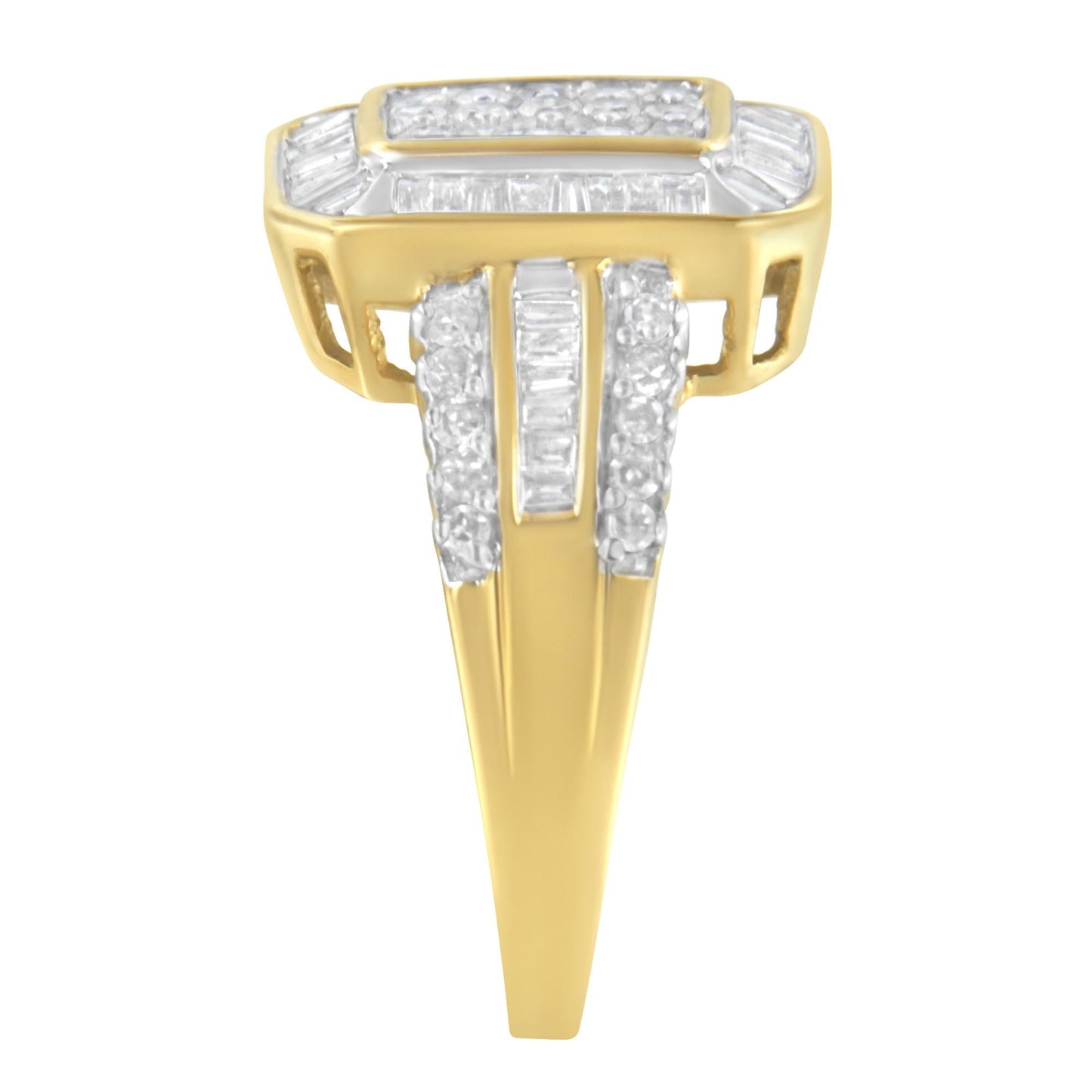 10K Yellow Gold Round and Baguette-Cut Diamond Cluster Ring (1.0 Cttw I-J Color