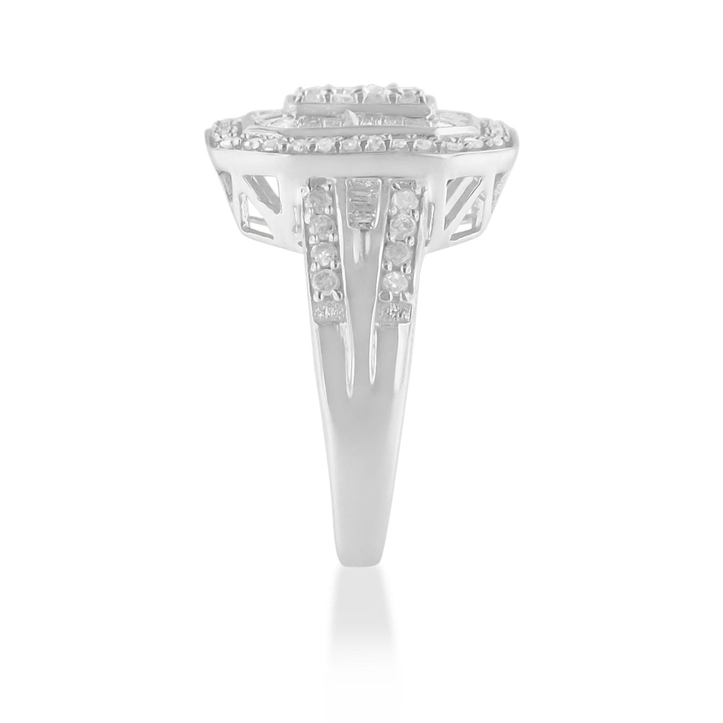 .925 Sterling Silver 1.0 Cttw Round and Baguette Cut Diamond Elongated Octagon Shaped Cocktail Ring (H-I Color, I2-I3 Clarity)