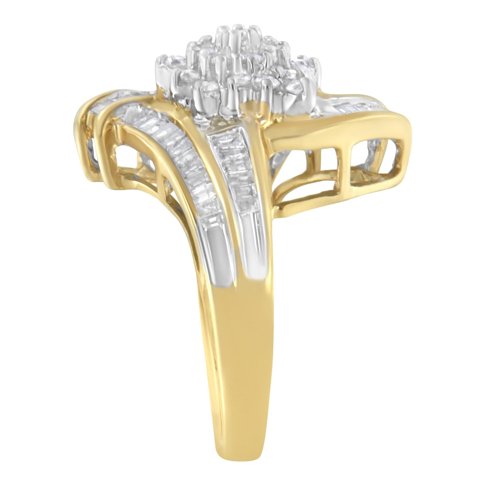 10K Yellow Gold Round and Baguette-Cut Diamond Bypass Cluster Ring (1.0 Cttw