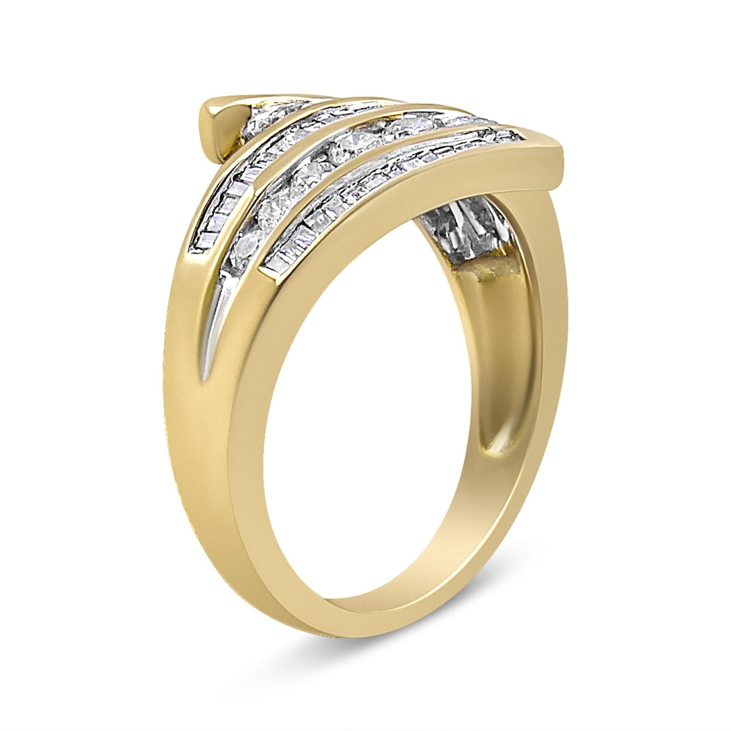 10K Yellow Gold 1 Cttw Round and Baguette-Cut Diamond Multi Row Bypass Ring