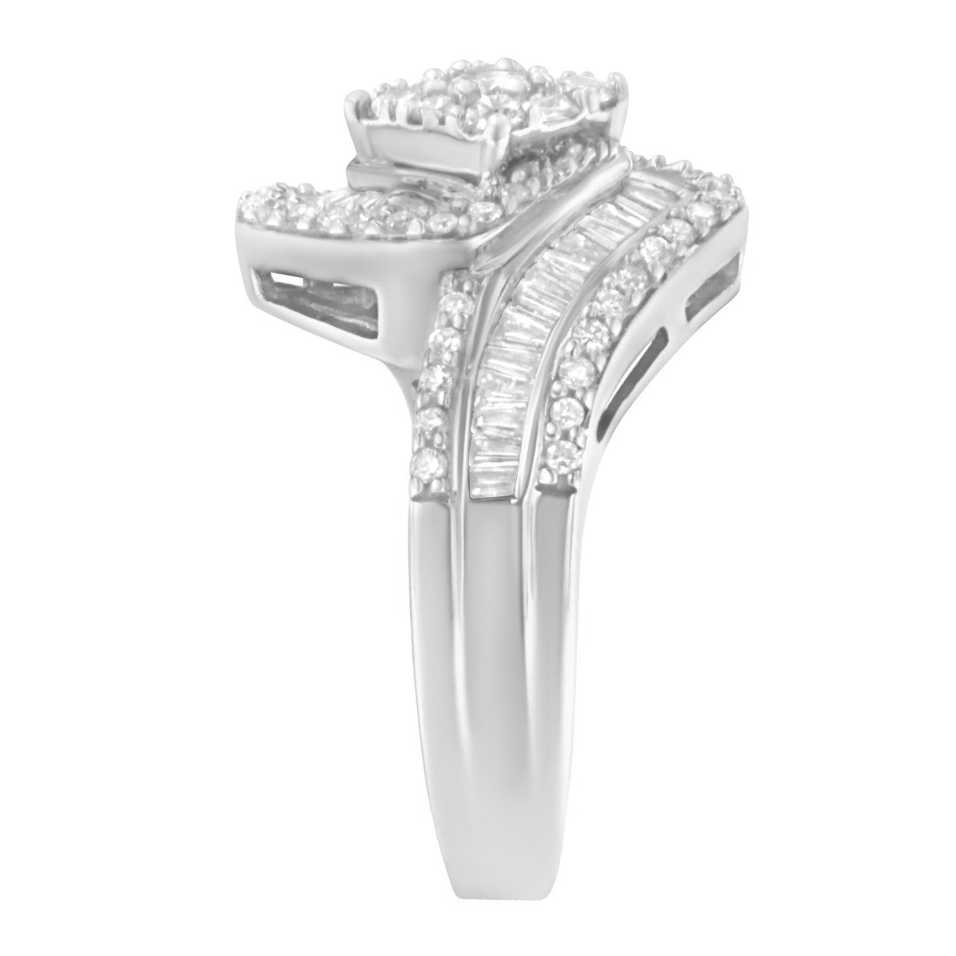 14K White Gold 1.0 Cttw Baguette & Brilliant-Cut Diamond Round Floral Cluster