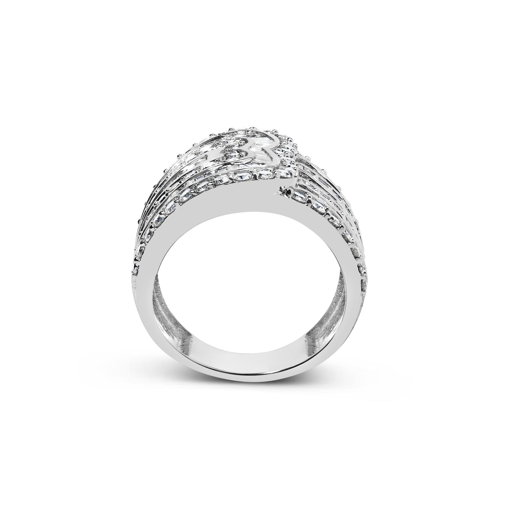 10K White Gold 2 1/2 Cttw Round and Baguette-Cut Diamond Multi-Row Bypass Ring