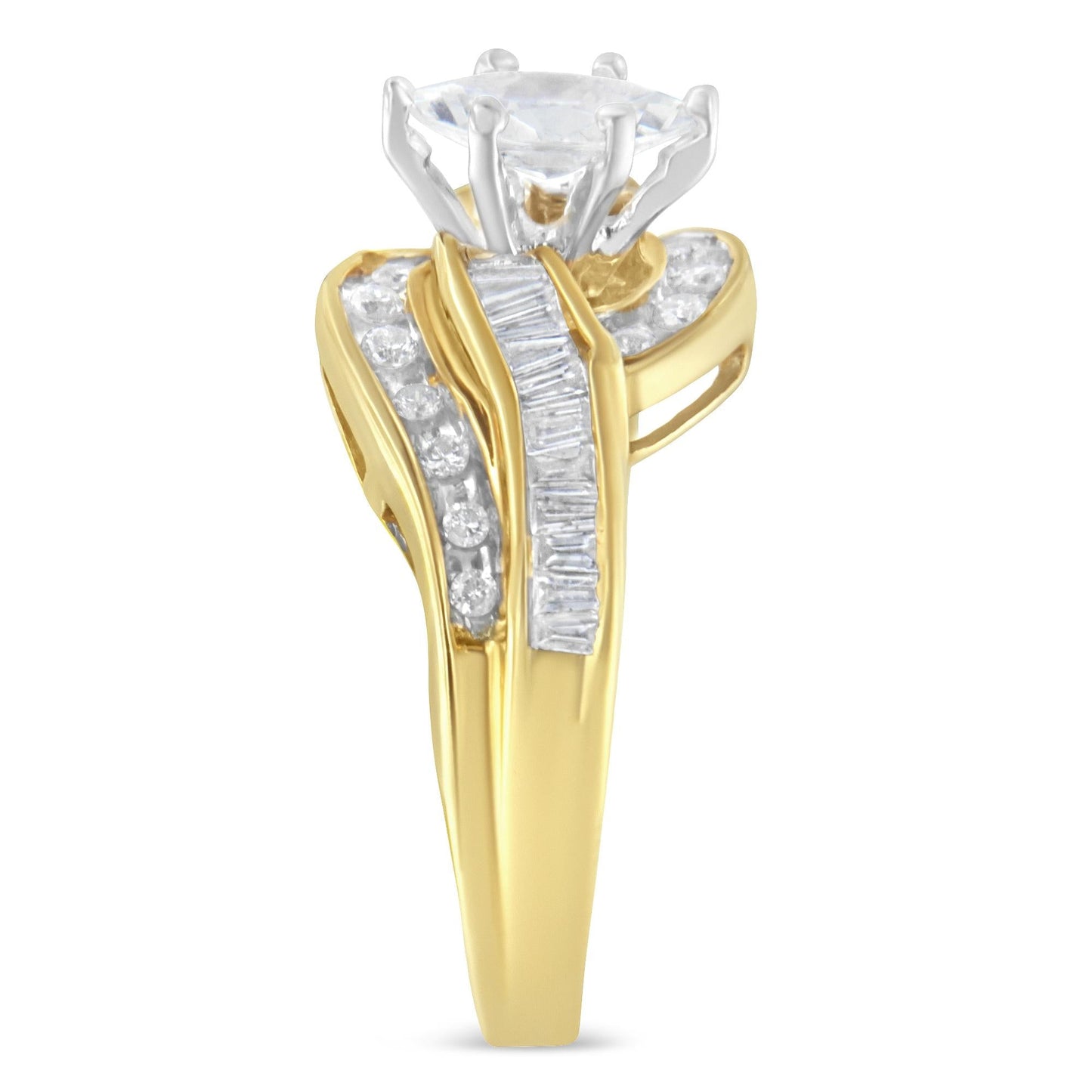 14KT Two-Toned Gold Marquise Baguette and Round Cut Diamond Bypass Ring (1 cttw