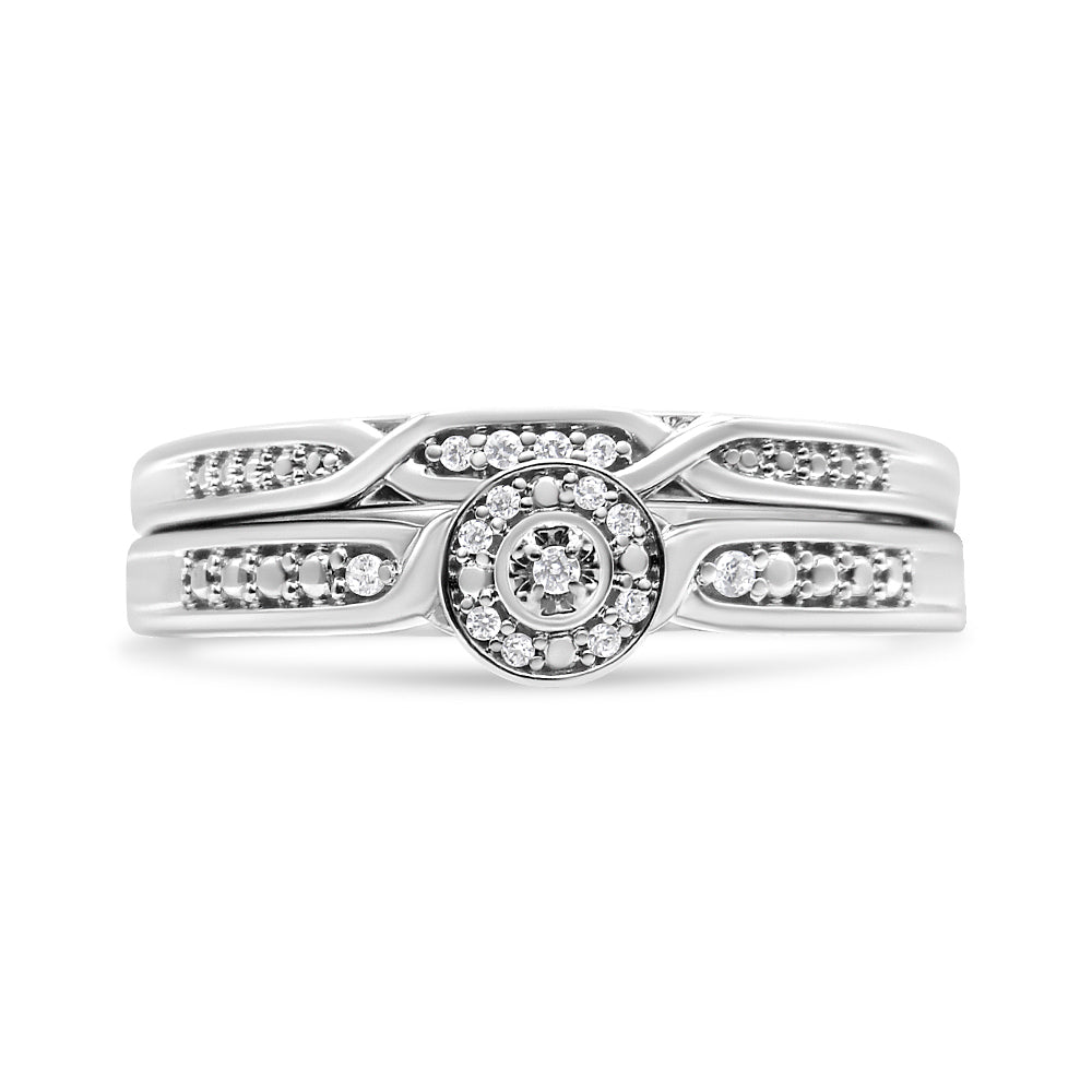 .925 Sterling Silver Diamond Accent Frame Twist Shank Bridal Set Ring and Band