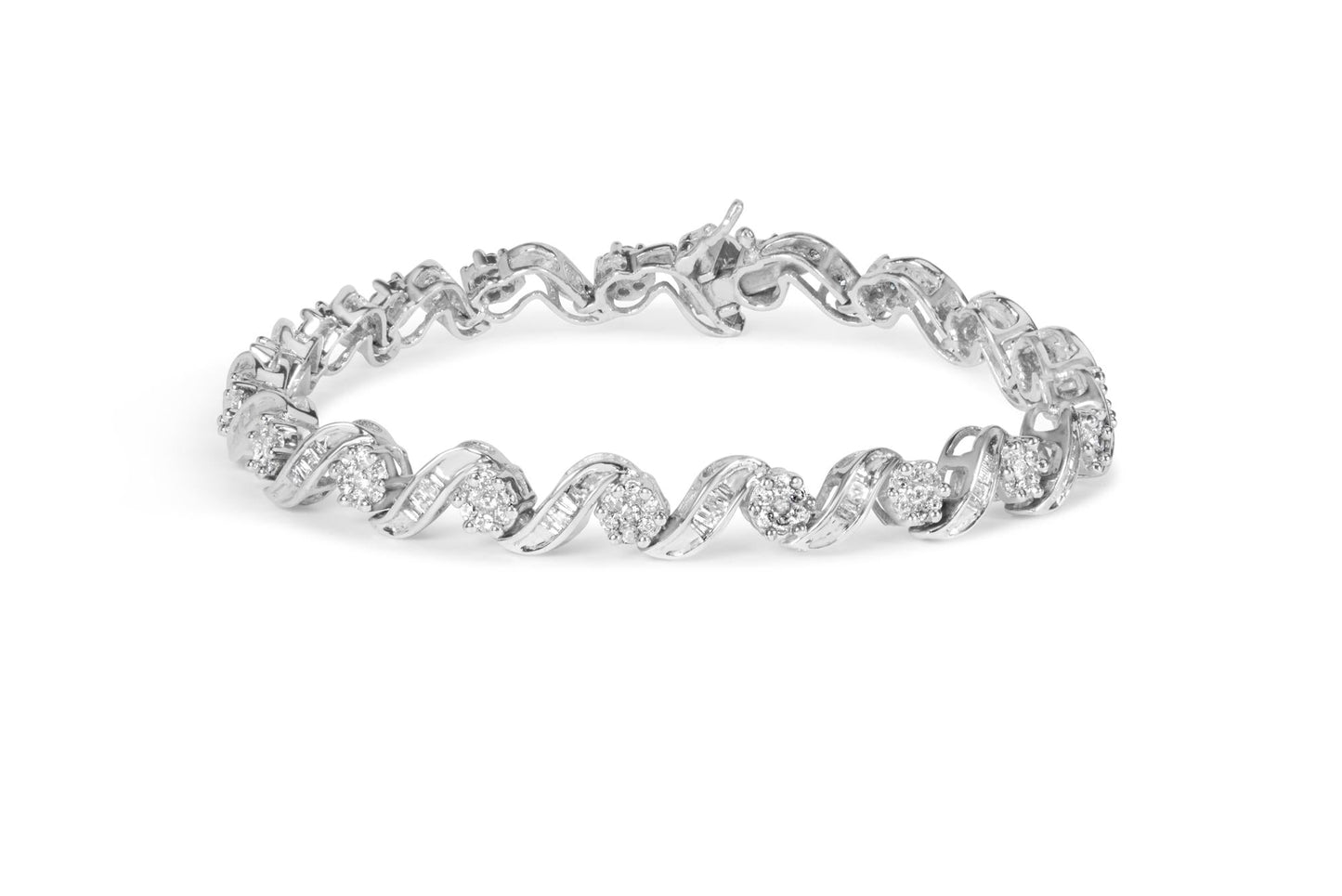 14K White Gold 2.00 Cttw Diamond Cluster and Spiral Link Bracelet (I-J Color