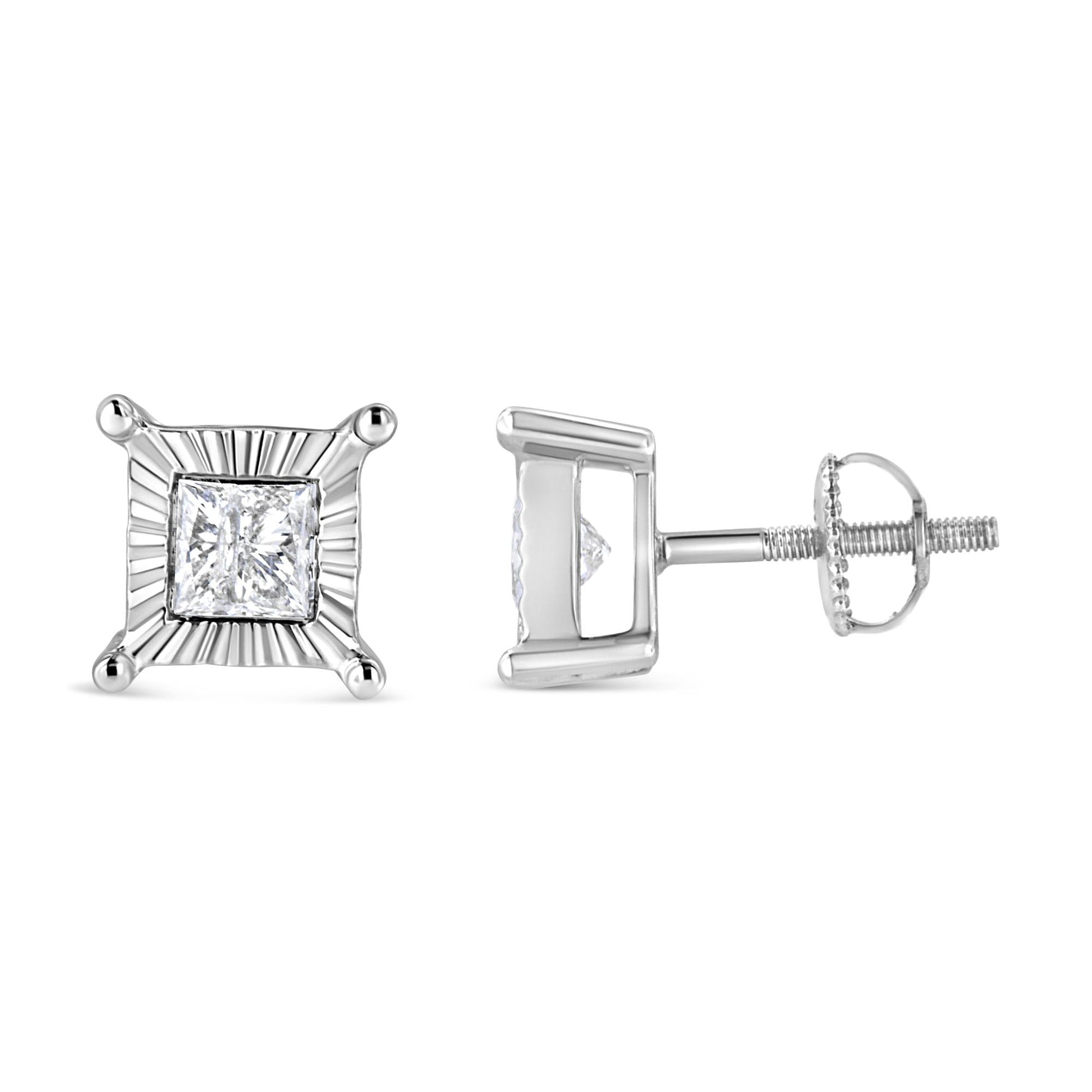 .925 Sterling Silver Miracle Set Princess-cut Diamond Solitaire Stud Earrings