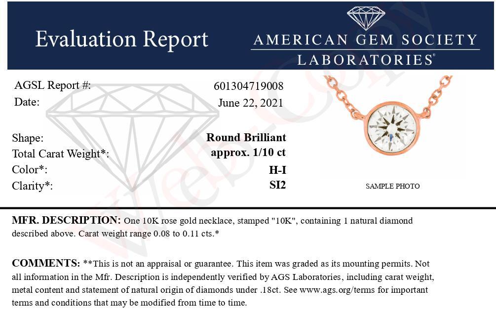 AGS Certified 10K Gold Bezel Set Round Diamond Solitaire 16-18’’ Adjustable