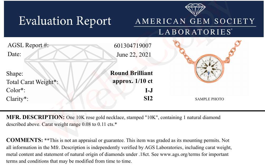 AGS Certified 10K Gold Bezel Set Round Diamond Solitaire 16-18’’ Adjustable