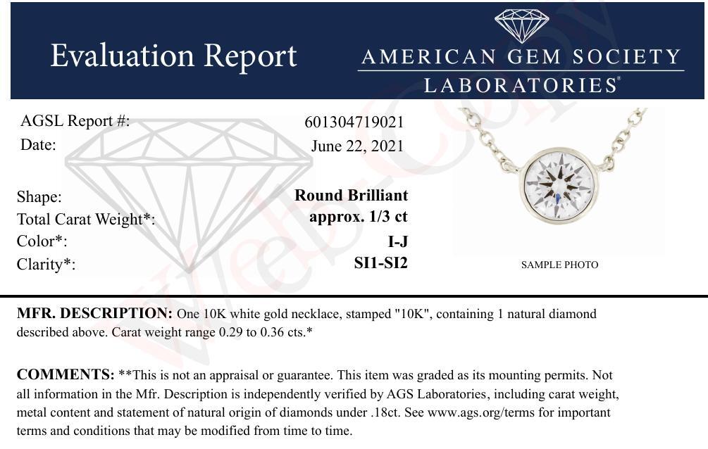 AGS Certified 10K Gold Bezel Set Round Diamond Solitaire 16-18’’ Adjustable