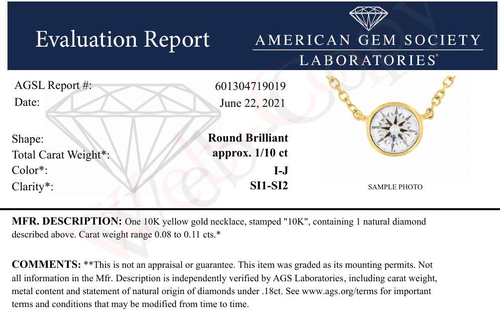 AGS Certified 10K Gold Bezel Set Round Diamond Solitaire 16-18’’ Adjustable